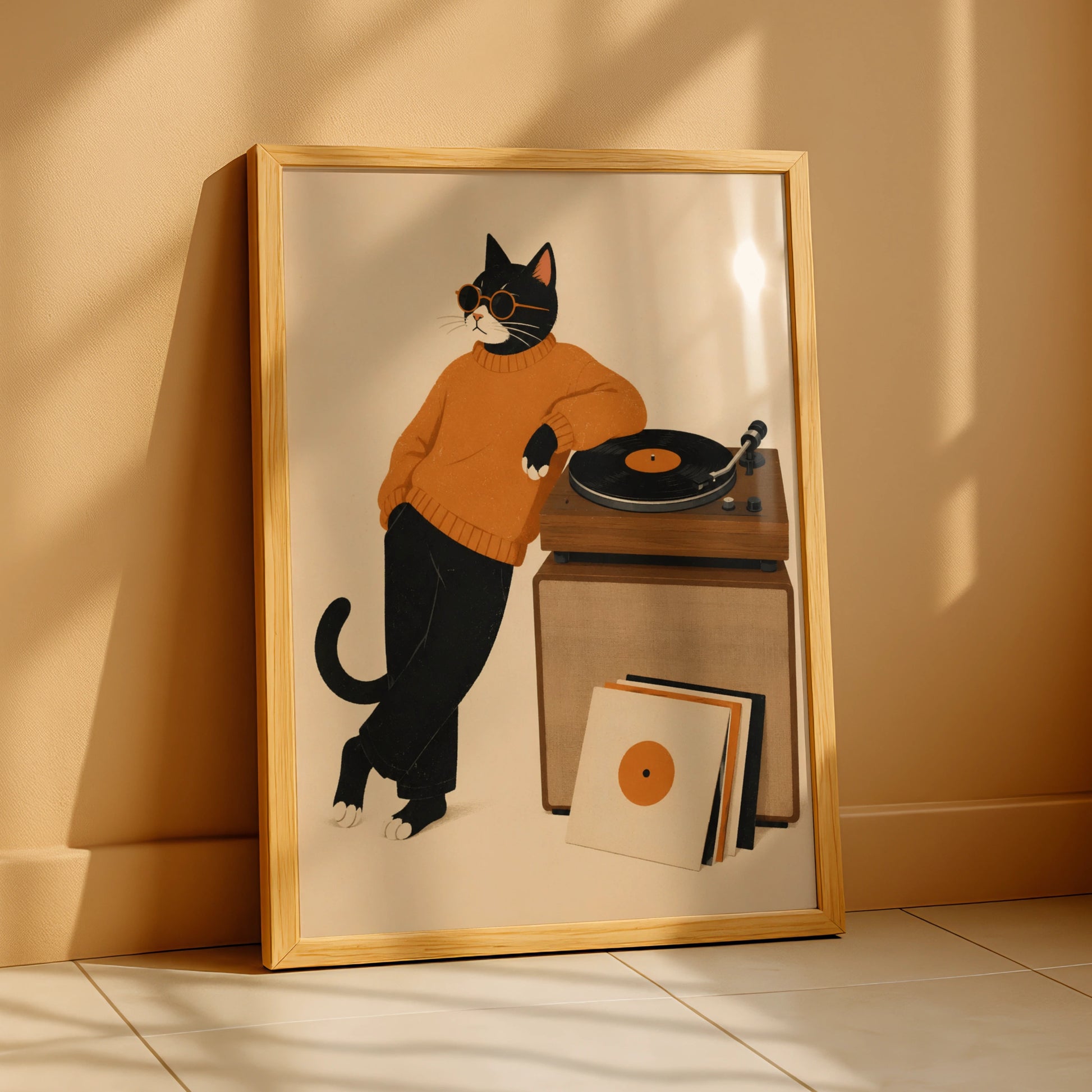 Cool Cat Vinyl Record Poster, Music Lover Wall Art, Retro Black Cat Print, Turntable Decor