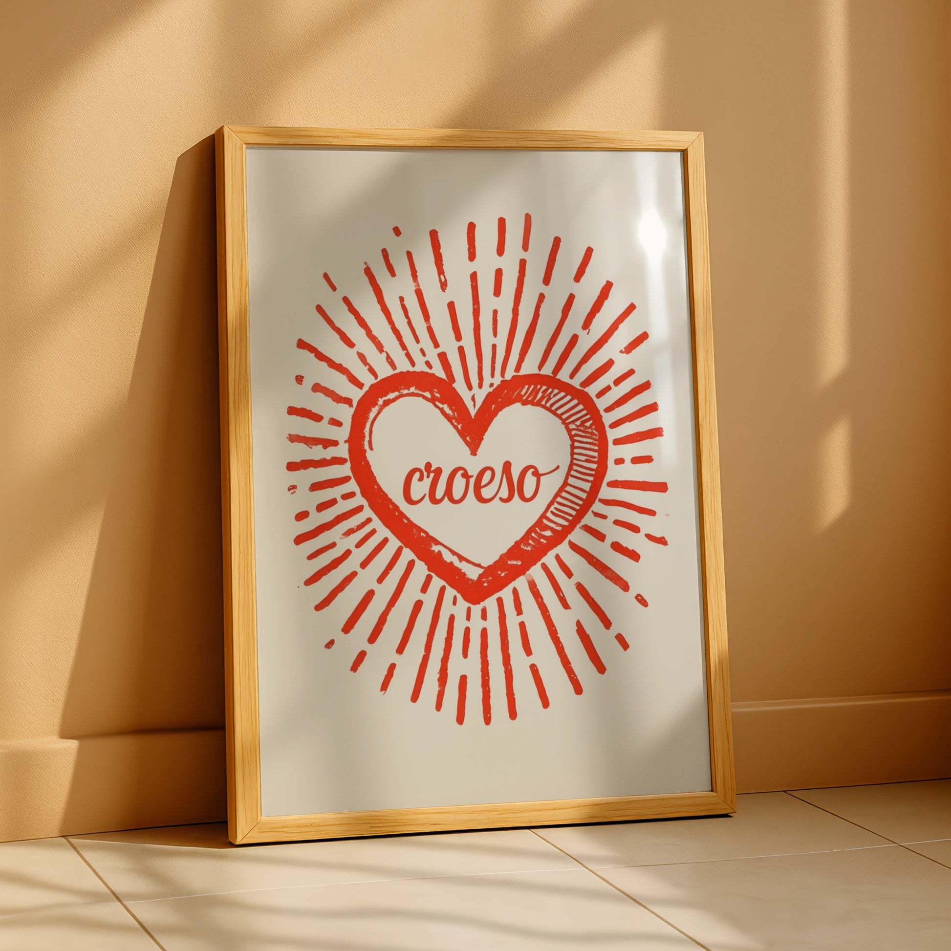 Croeso Welsh Welcome Heart Poster, Wales Wall Art, Red Retro Sun Ray Print