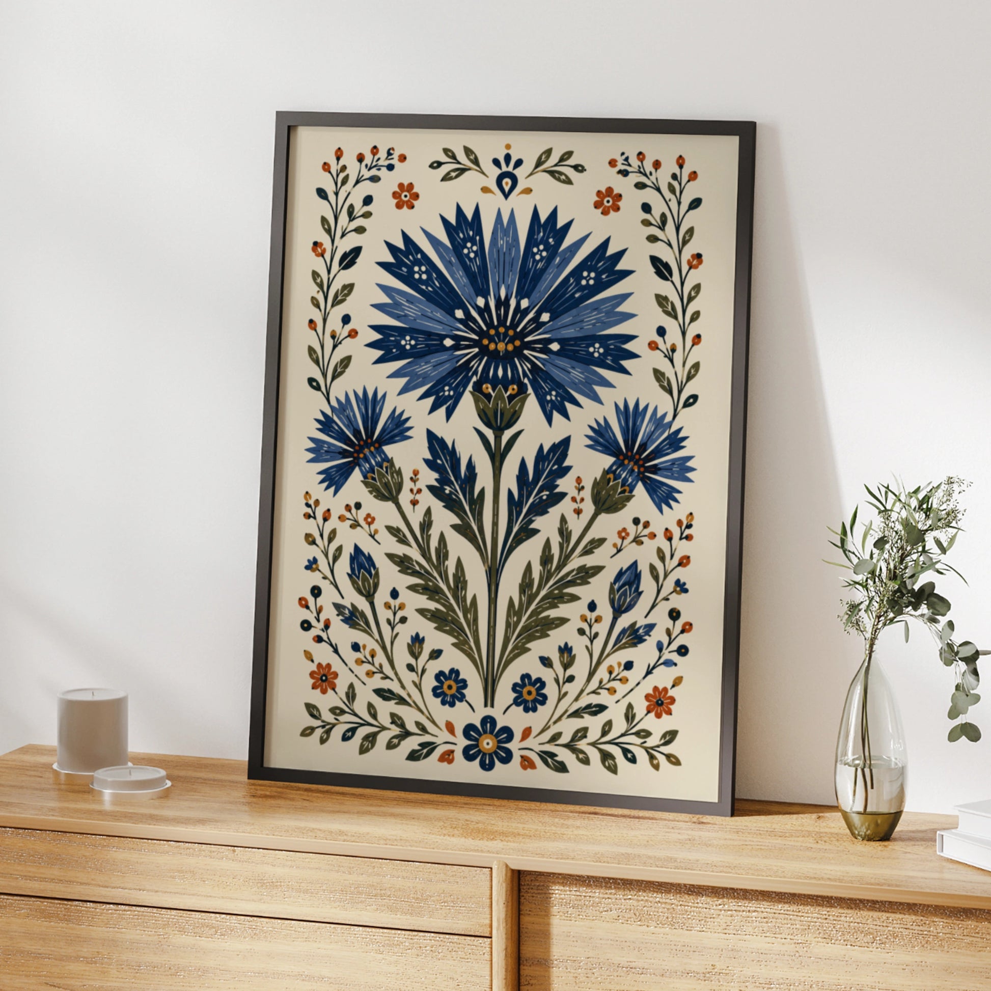 Folk Cornflower Poster, Blue Floral Wall Art, Botanical Folk Art Print, Wildflower Home Decor