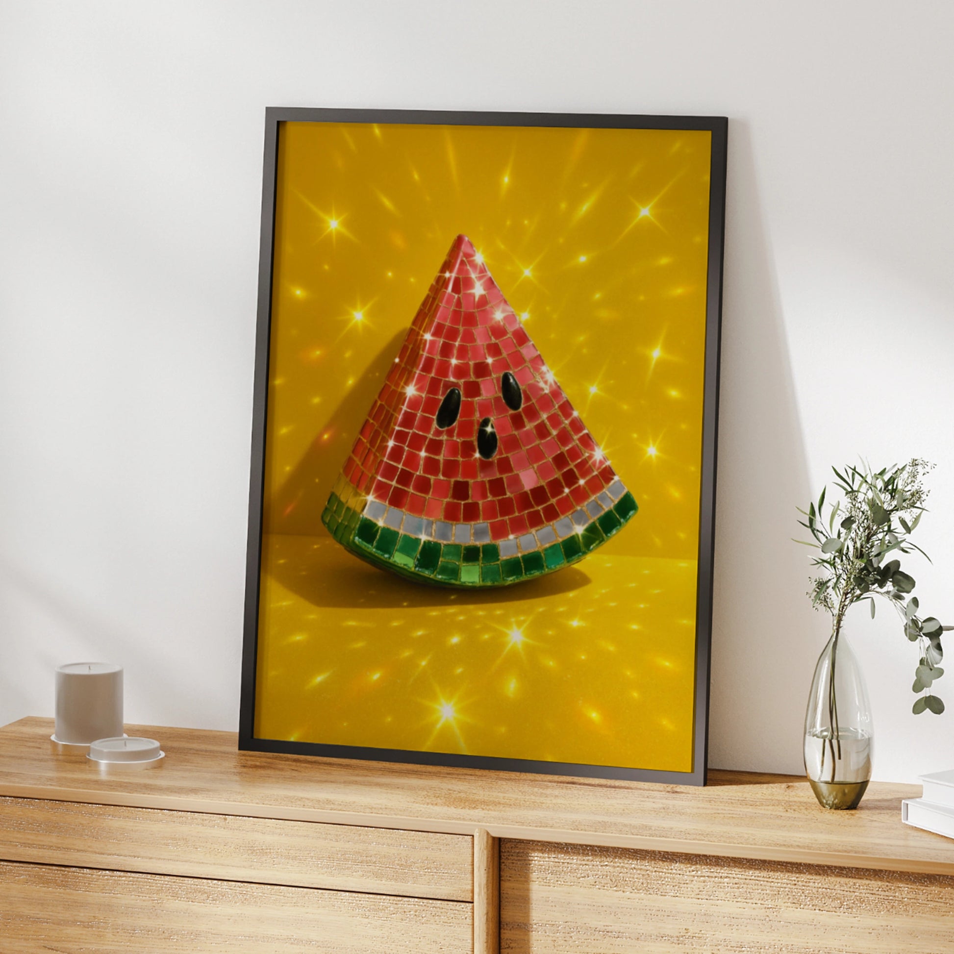 Disco ball watermelon slice on a bright yellow background with sparkles