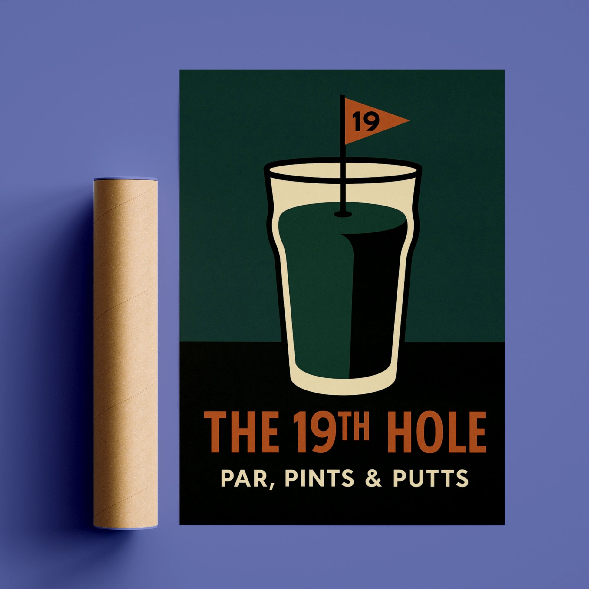 Retro 19th hole golf poster with a pint glass and flag on teal