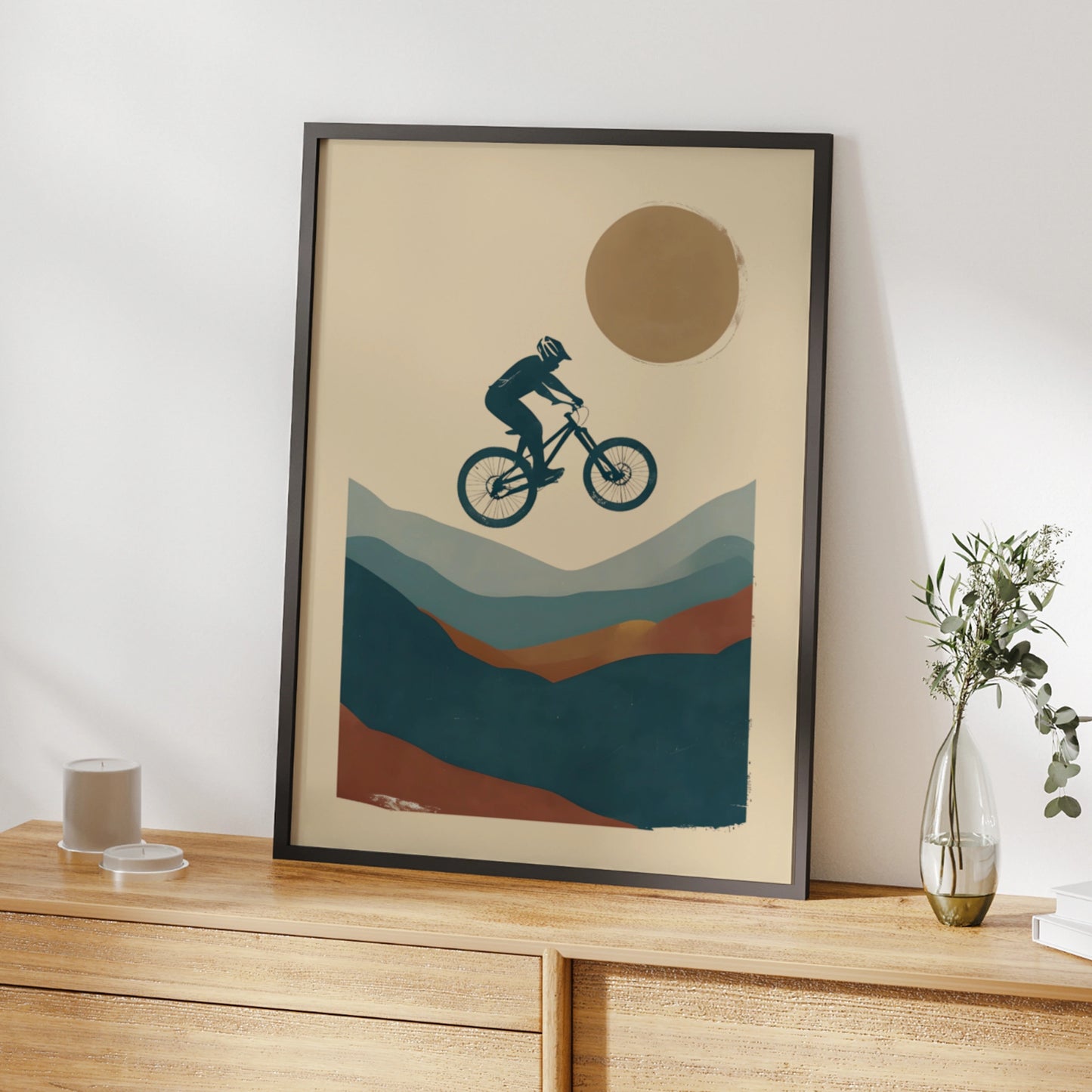 Mountain Bike Jump Poster, MTB Wall Art, Minimalist Cycling Print, Teal Terracotta Retro