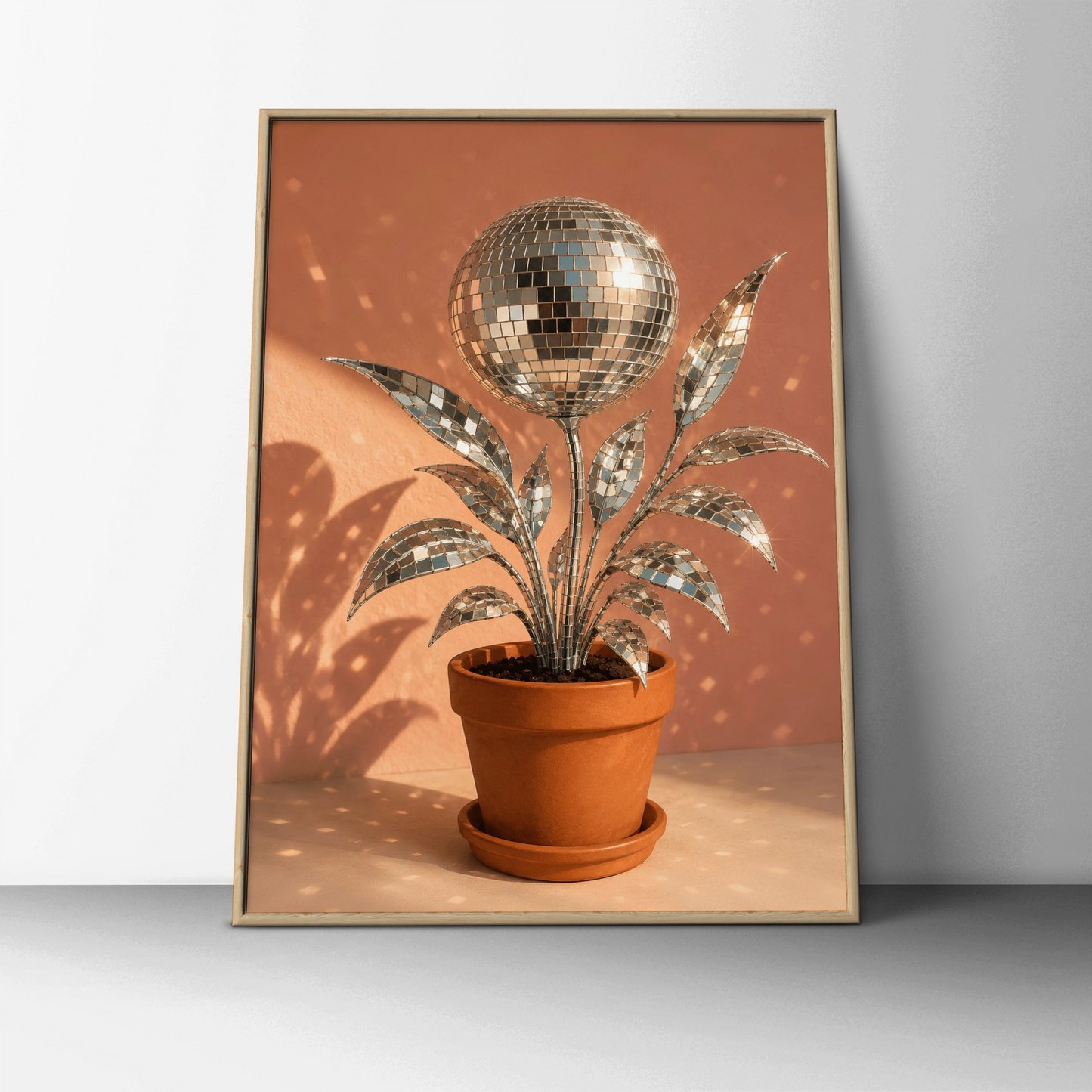 Silver disco ball plant in a terracotta pot against a warm pink background