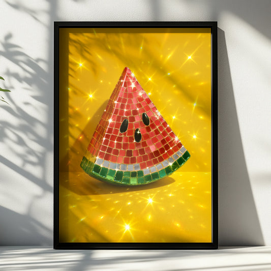 Disco ball watermelon slice on a bright yellow background with sparkles