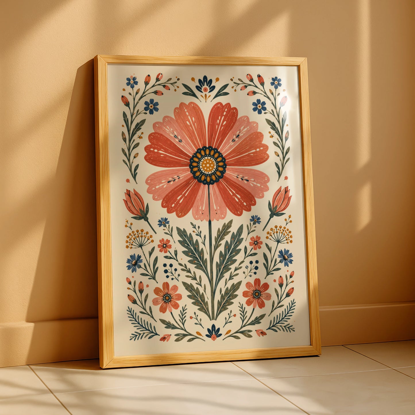 Folk Floral Cosmos Poster, Botanical Wall Art, Scandi Folk Print, Terracotta Blue