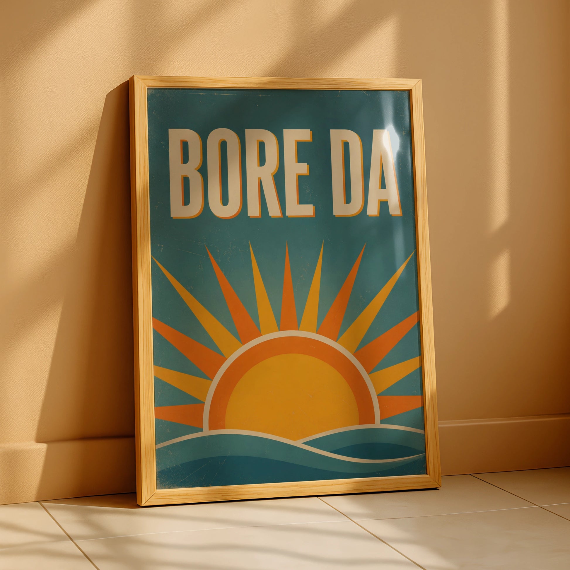 Bore Da Welsh Good Morning Poster, Wales Retro Sunrise Wall Art, Teal Orange Print