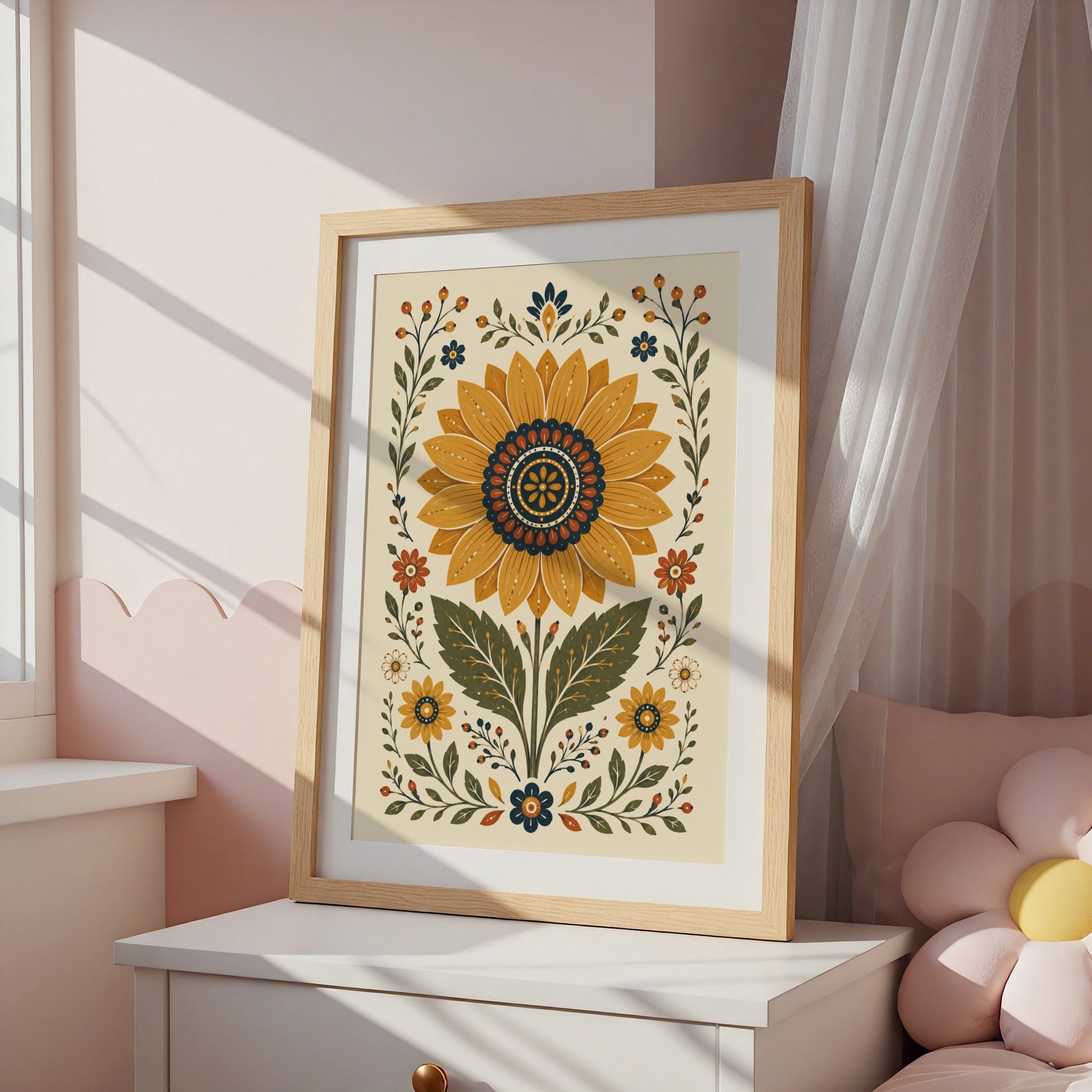 Folk Sunflower Poster, Botanical Floral Wall Art, Mustard Navy Vintage Print, Wilderkind