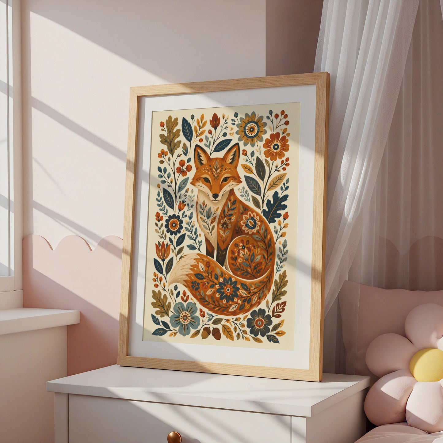 Folk Fox Poster, Floral Fox Wall Art Print, Botanical Wildlife Nursery Decor, Wilderkind