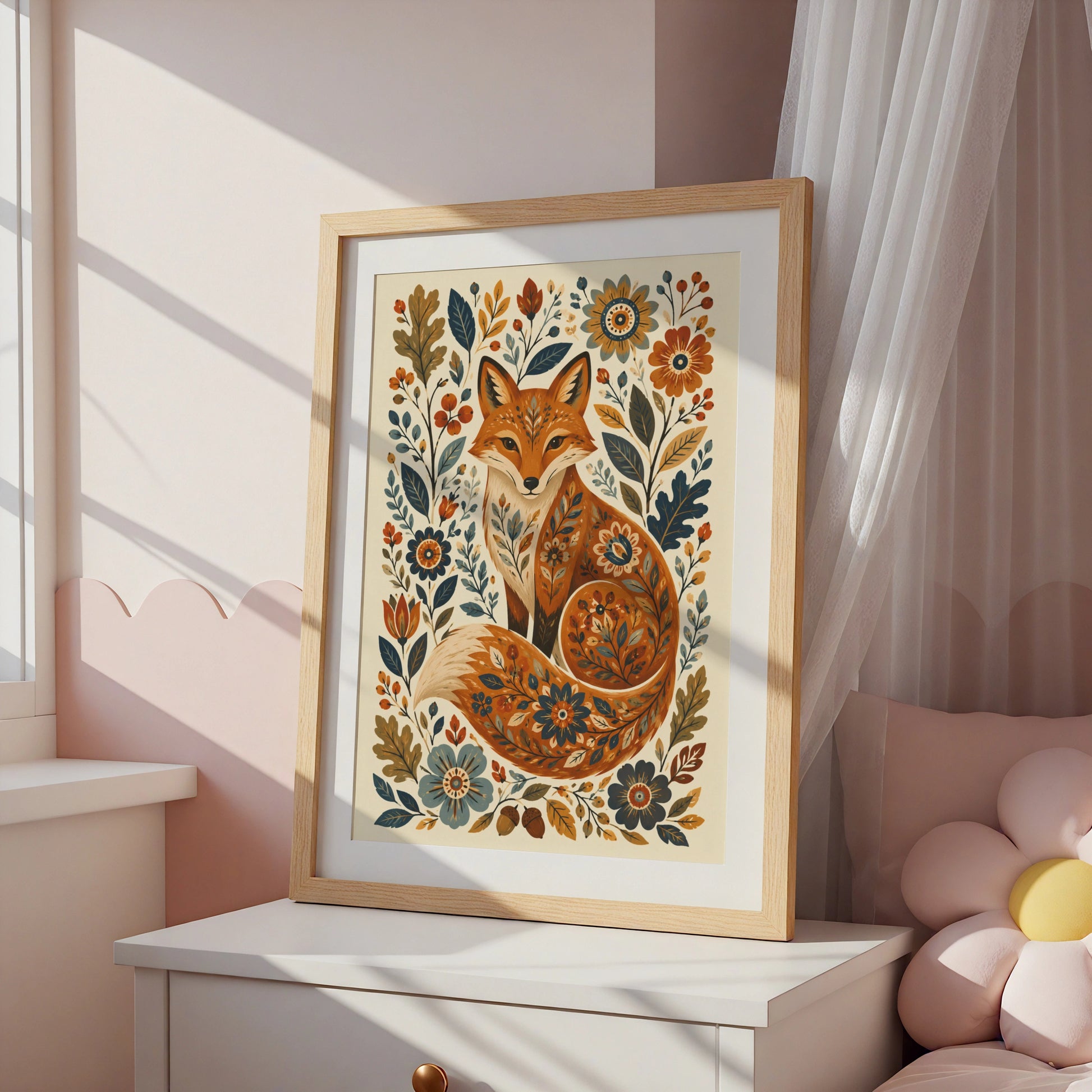 Folk Fox Poster, Floral Fox Wall Art Print, Botanical Wildlife Nursery Decor, Wilderkind
