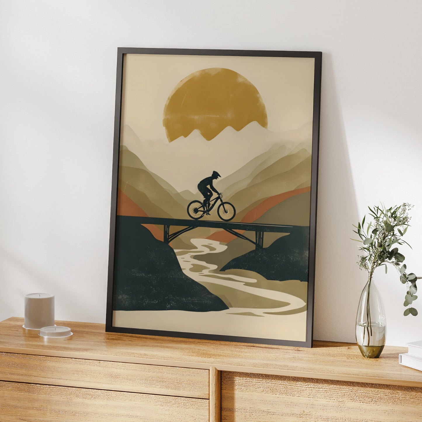 Mountain Bike Poster, MTB Wall Art, Cycling Print, Retro Sun Bridge Landscape Gift