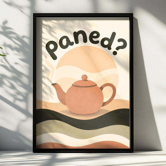 Paned Welsh Tea Poster, Wales Teapot Wall Art, Cymraeg Kitchen Print, Retro Boho