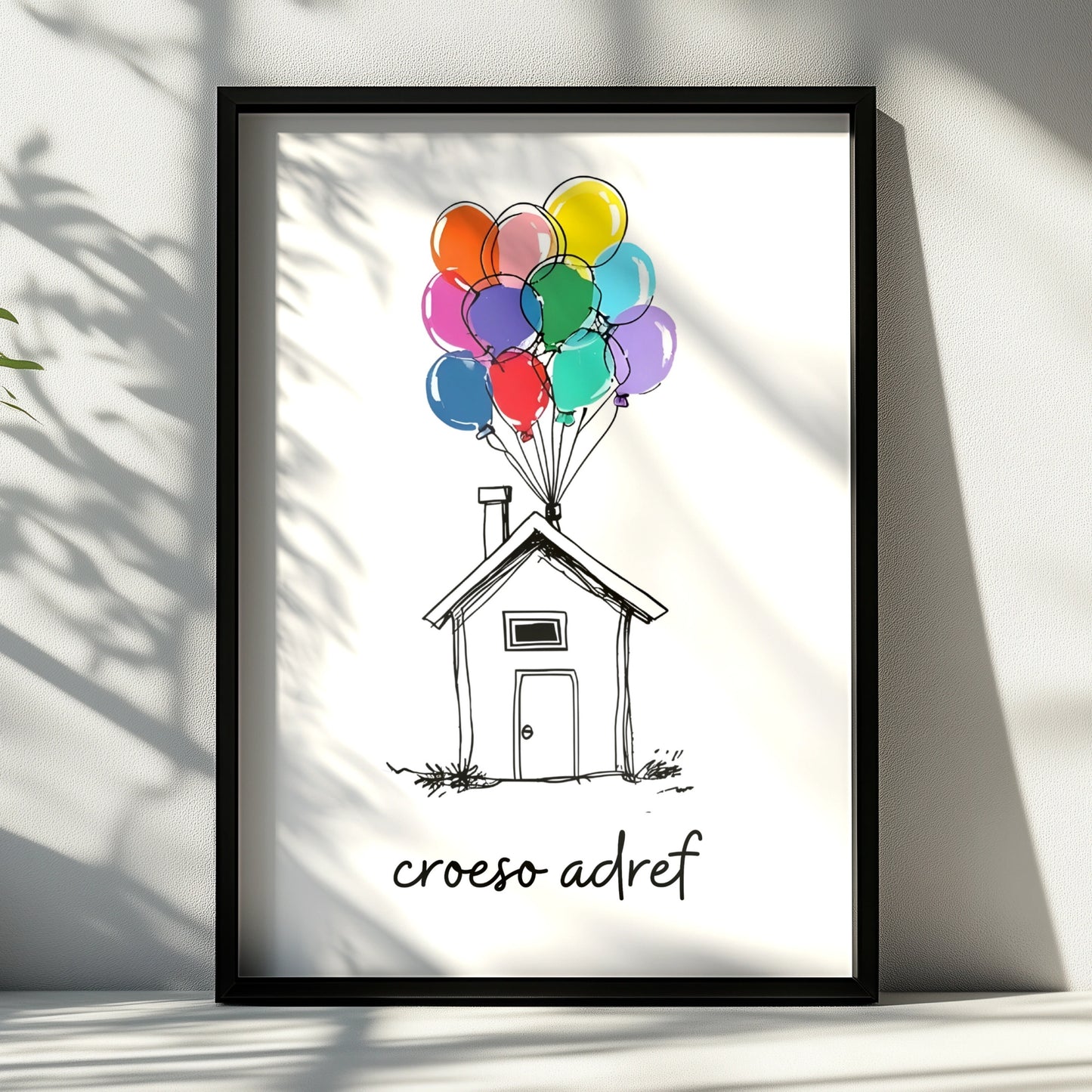 Croeso Adref Welsh Welcome Home Poster, Wales New Home Wall Art, Colourful Balloons Print