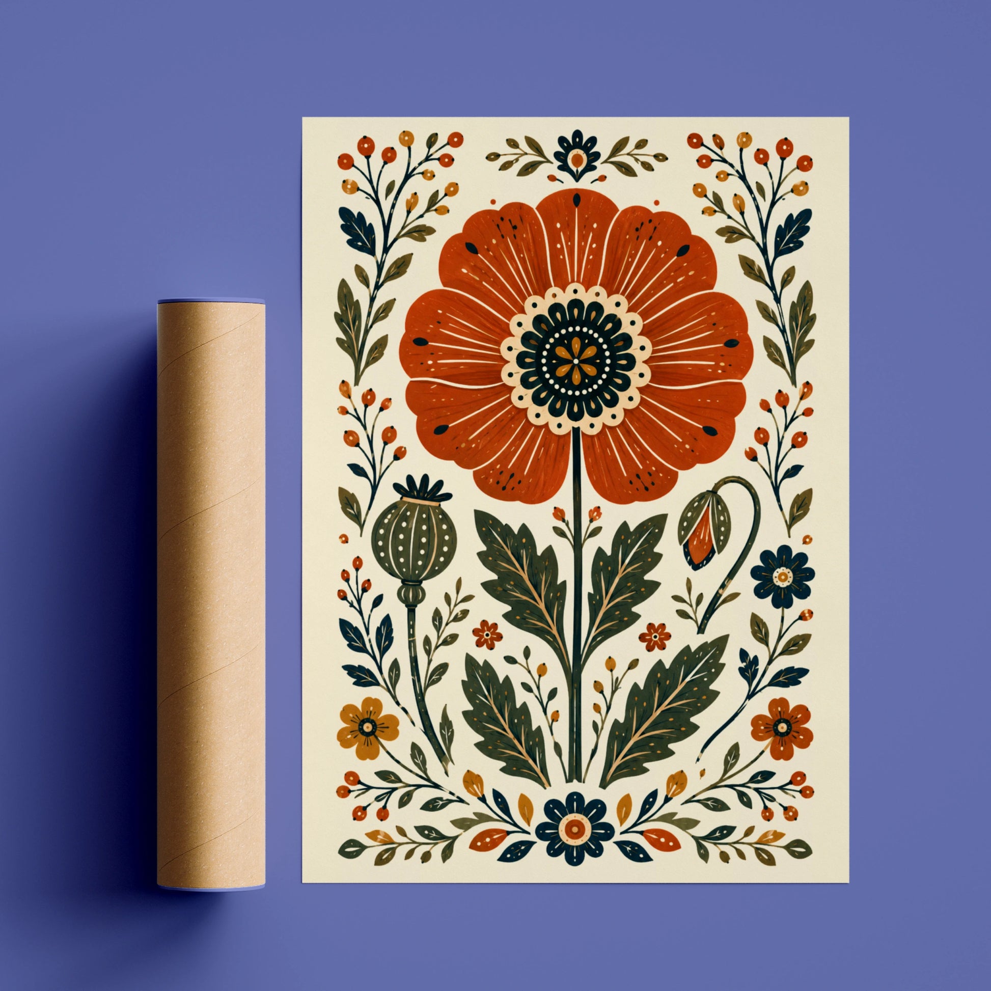 Folk Poppy Poster, Floral Wall Art, Botanical Print, Scandi Folk Art, Red Poppy Decor