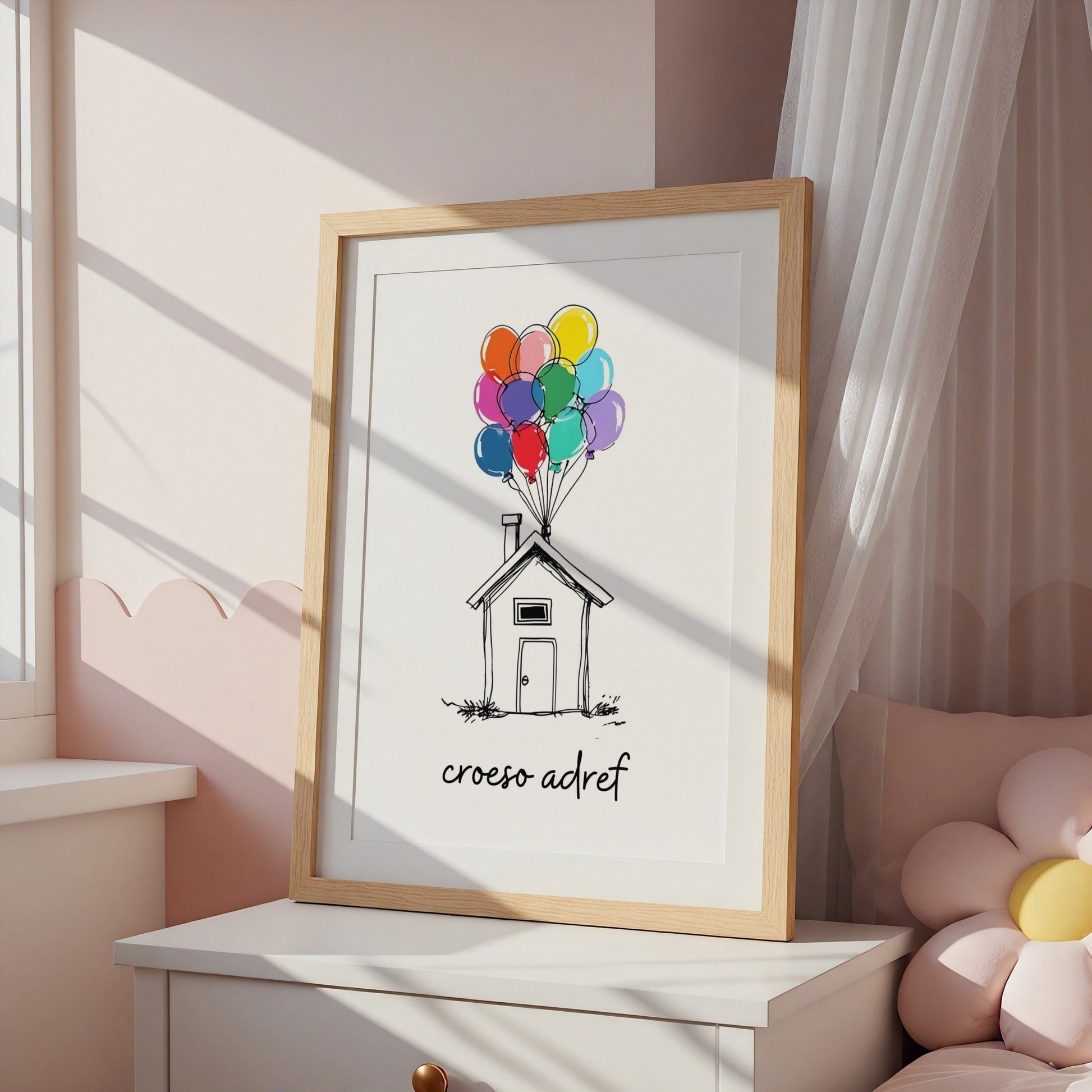 Croeso Adref Welsh Welcome Home Poster, Wales New Home Wall Art, Colourful Balloons Print