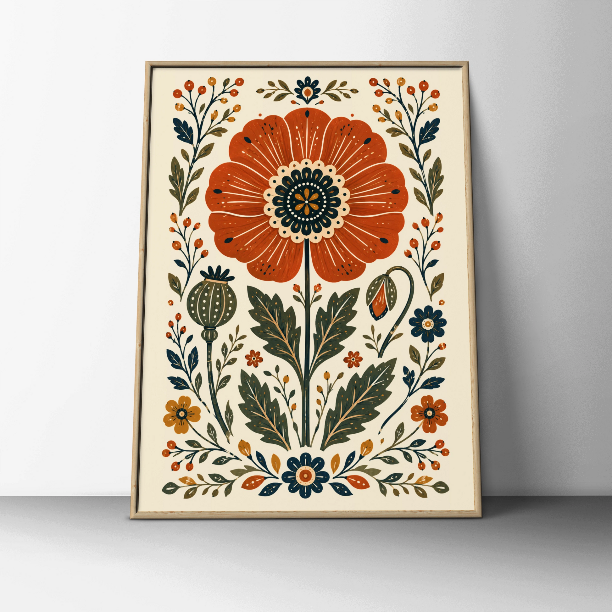 Folk Poppy Poster, Floral Wall Art, Botanical Print, Scandi Folk Art, Red Poppy Decor