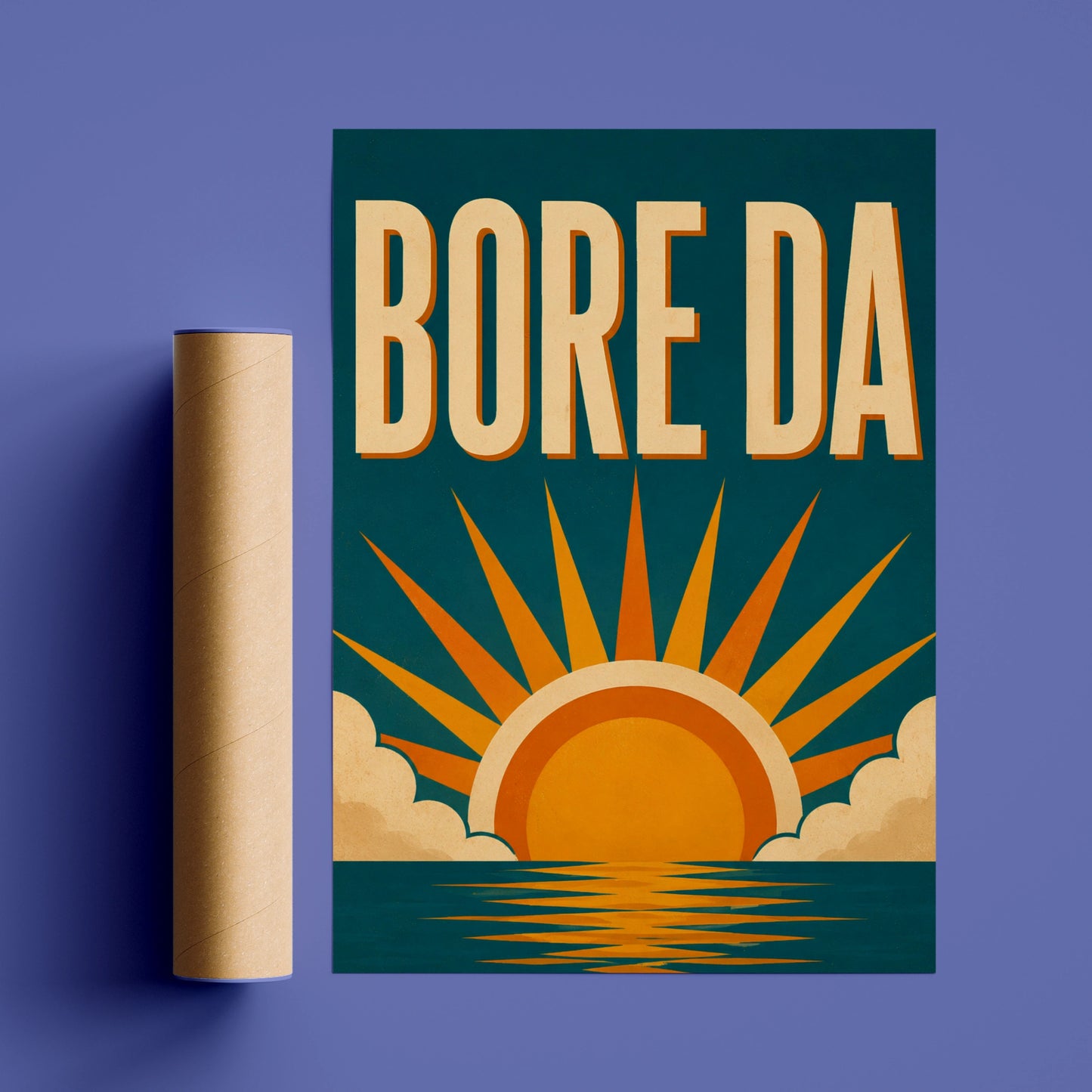 Bore Da Welsh poster with cream lettering and orange sunrise over a teal-blue sea