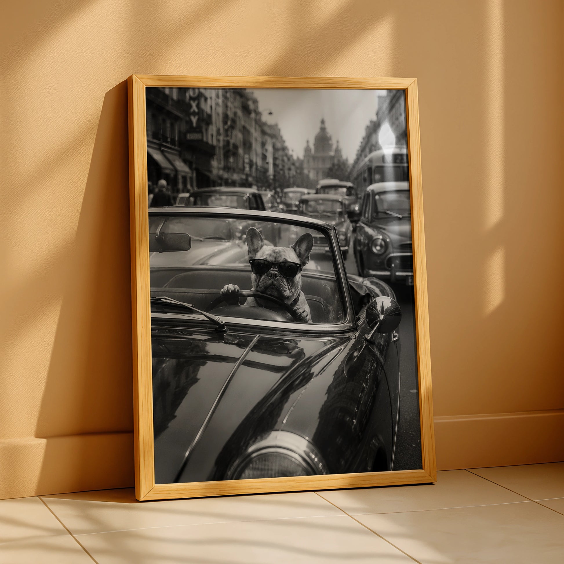 French Bulldog Driving Classic Car Poster, Funny Dog Wall Art, Black and White Print