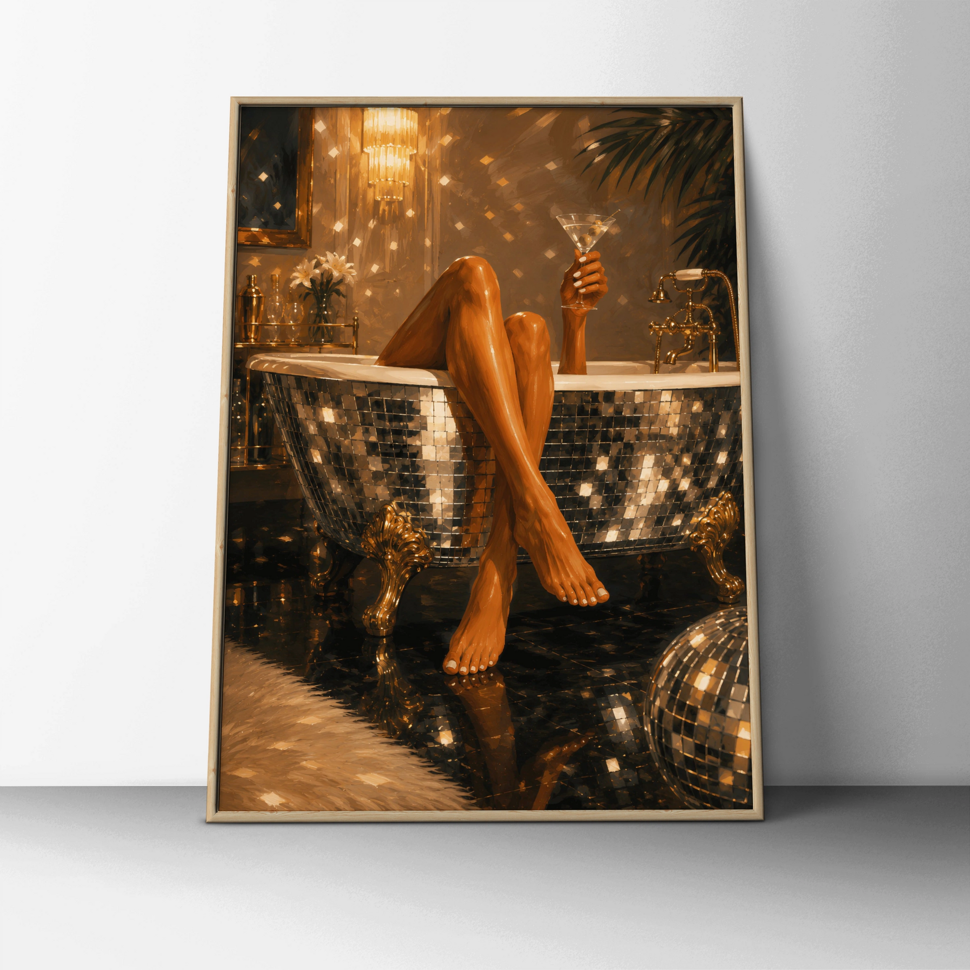 Glamorous woman holding a martini in a mirrored bath with gold decor