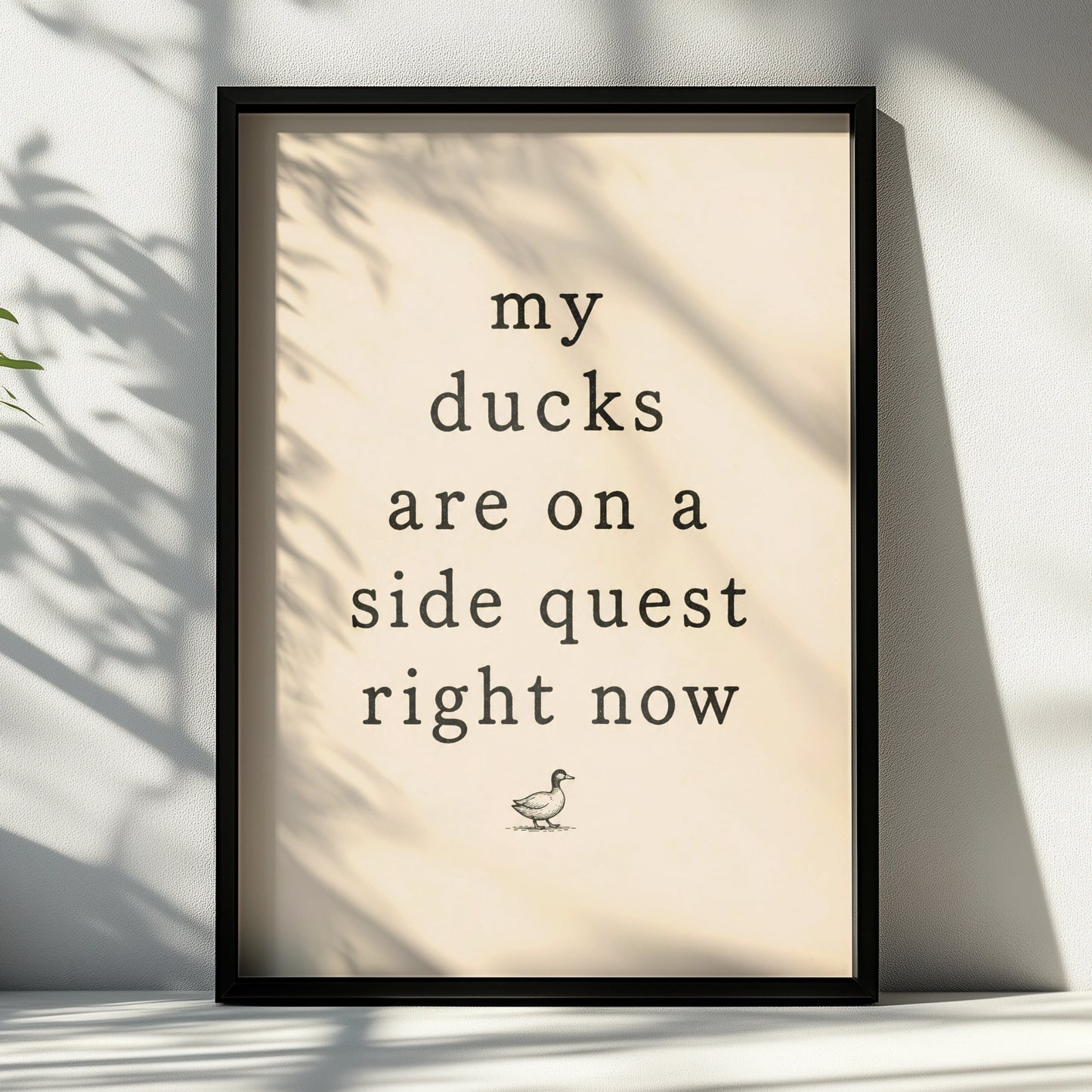 Funny side quest quote with a vintage duck illustration on a cream background