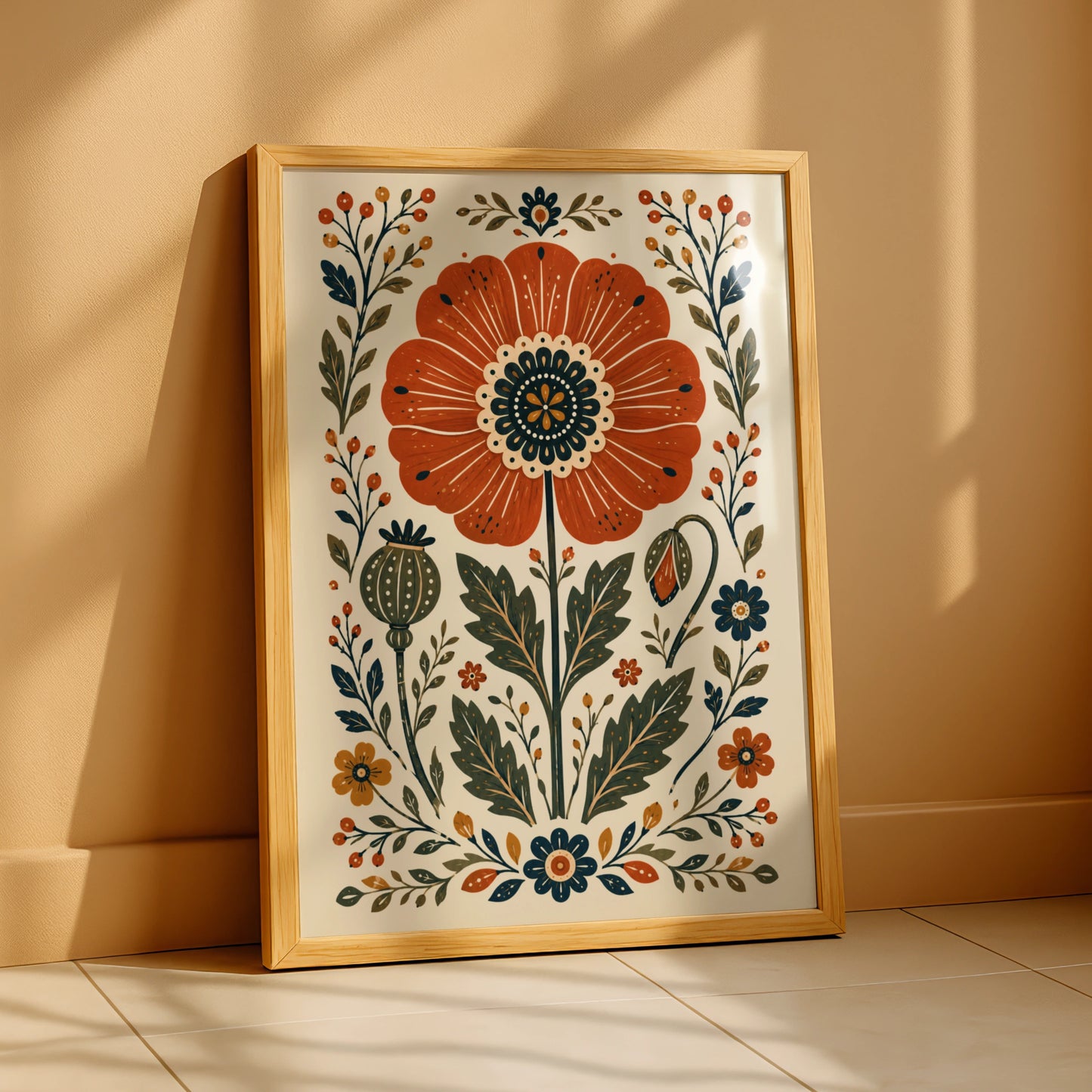 Folk Poppy Poster, Floral Wall Art, Botanical Print, Scandi Folk Art, Red Poppy Decor