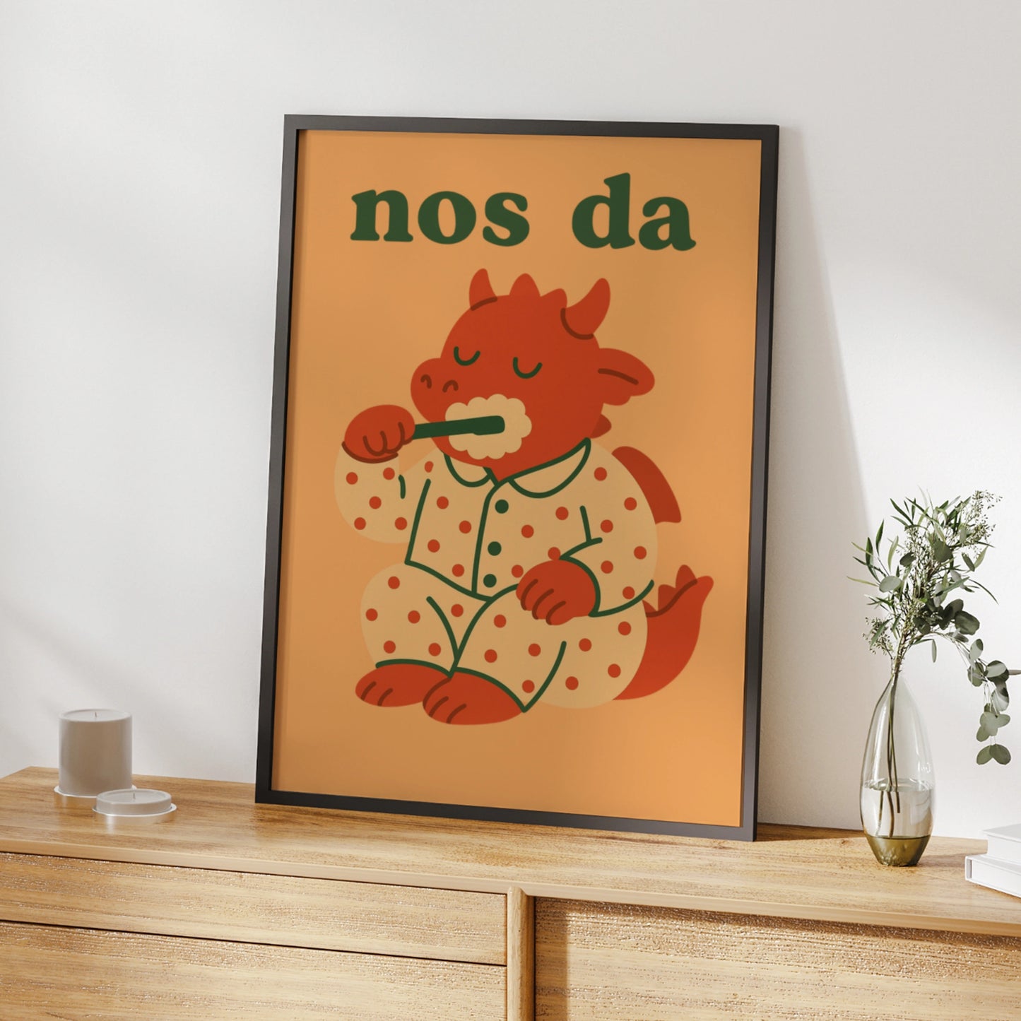 Nos Da Welsh Dragon Poster, Wales Kids Bedroom Wall Art, Cute Goodnight Print