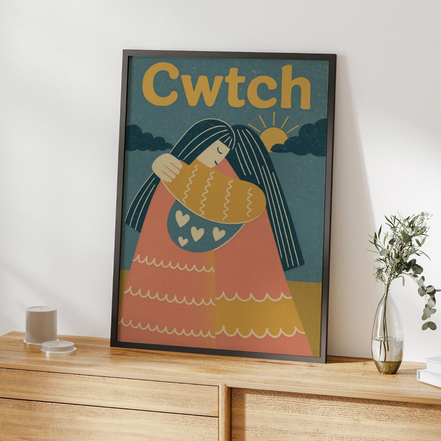 Cwtch Welsh Hug Poster, Wales Wall Art, Retro Friends Embrace Print, Gift