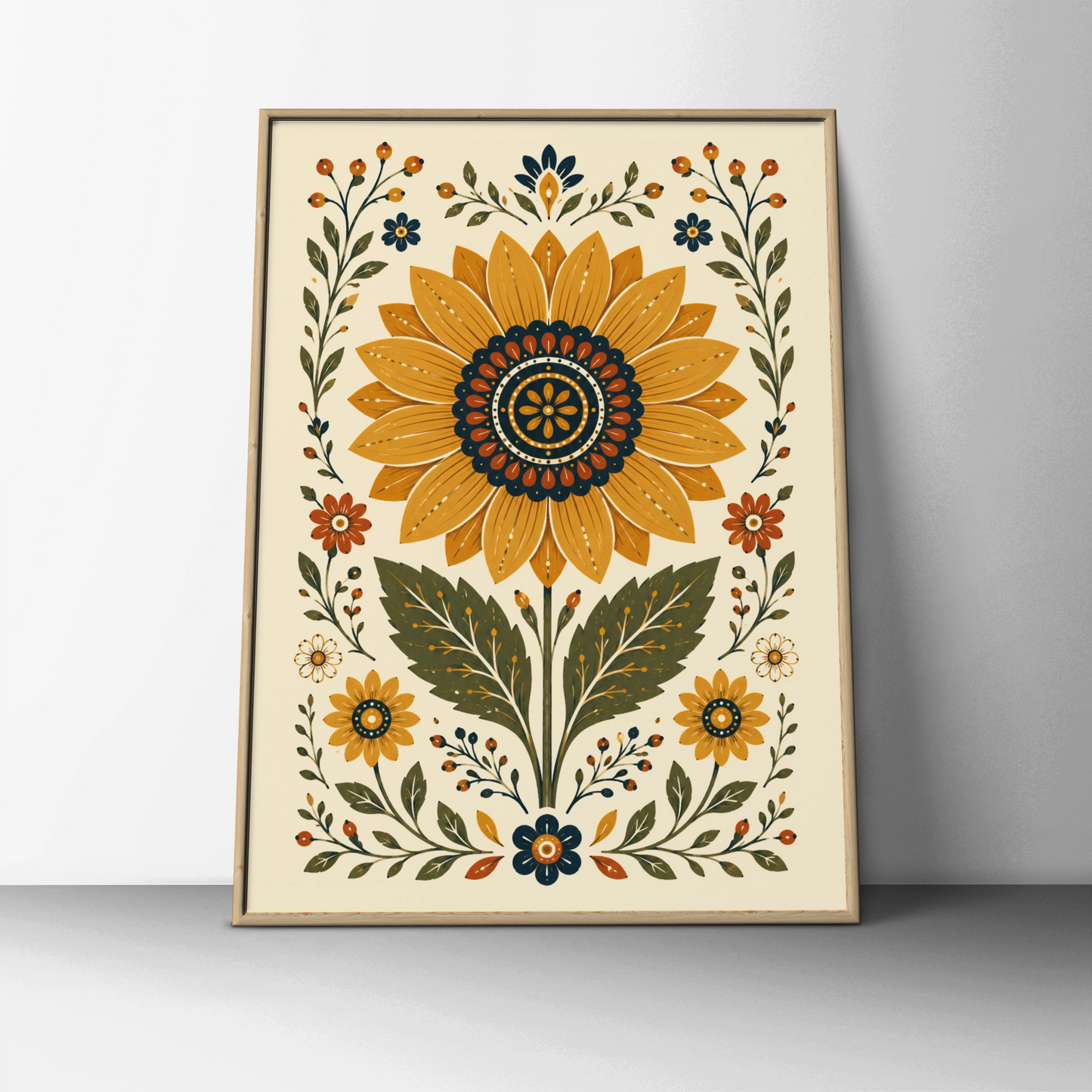 Folk Sunflower Poster, Botanical Floral Wall Art, Mustard Navy Vintage Print, Wilderkind