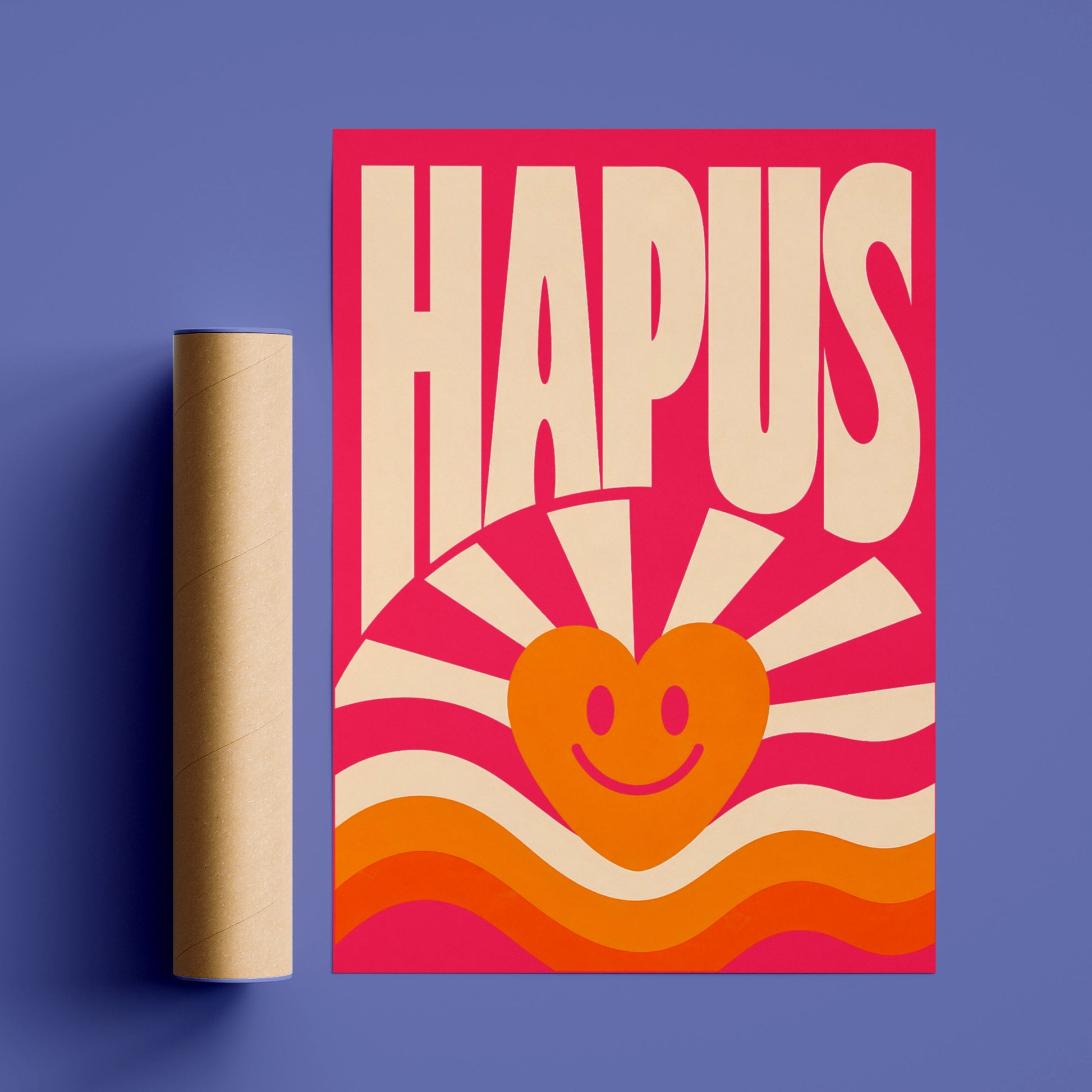 Hapus Welsh Happy Poster, Wales Retro Smiley Heart Wall Art, Pink Groovy Print