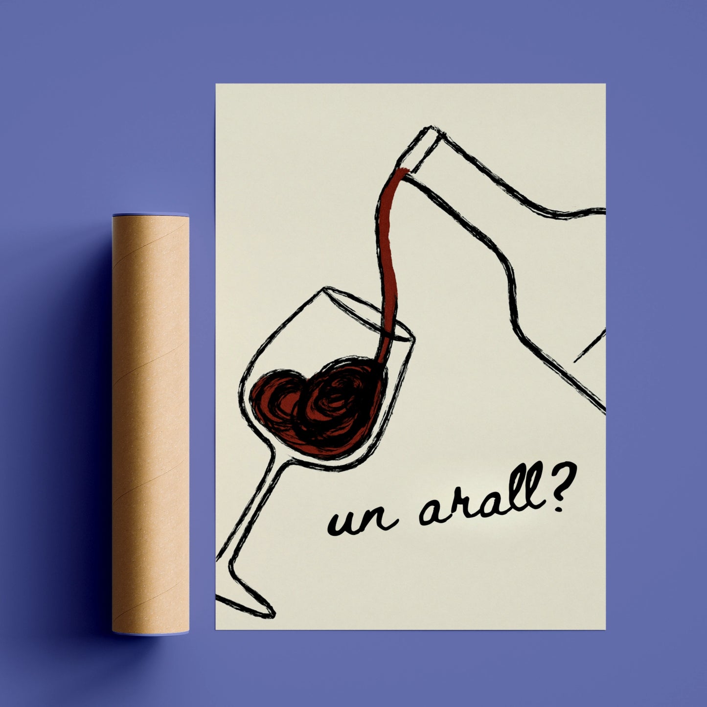 Red wine pouring into a glass with the Welsh words un arall on cream