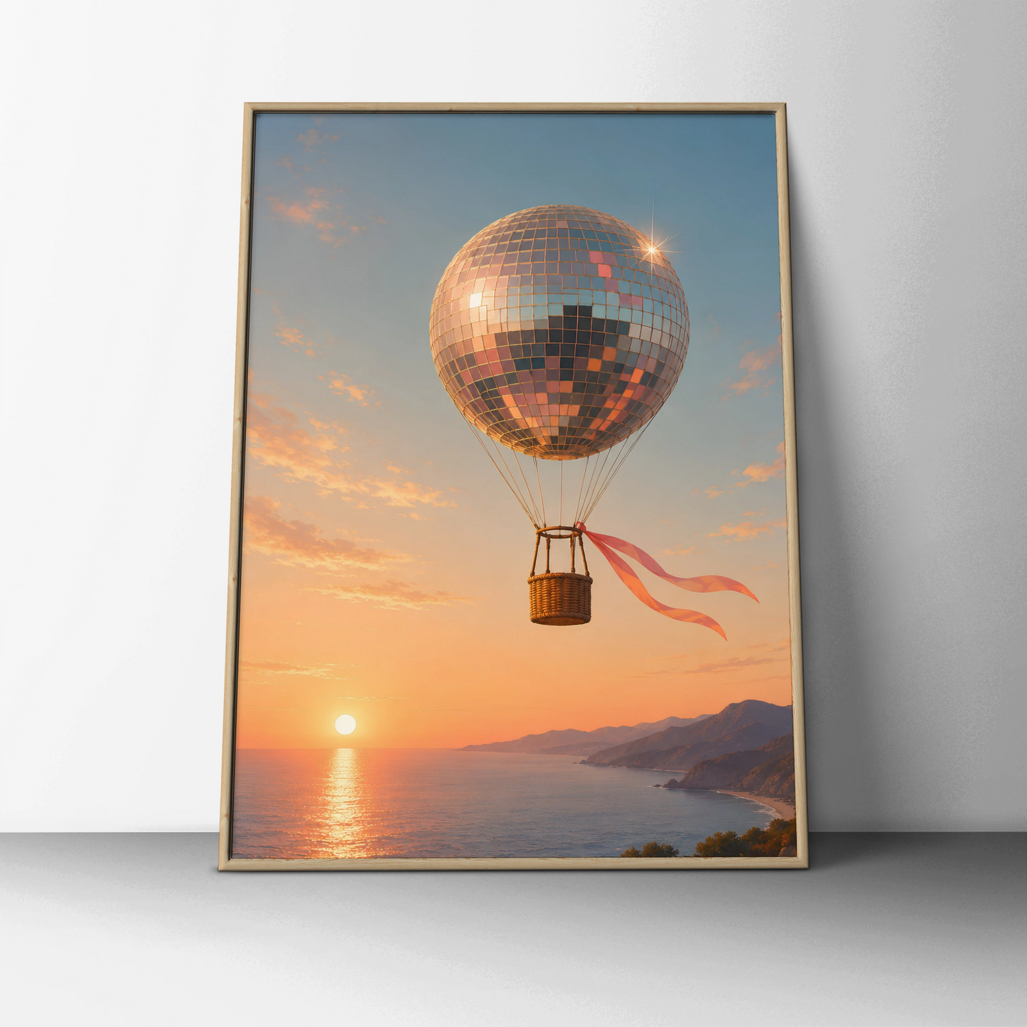 Disco ball hot-air balloon floating above a peach and pink coastal sunset