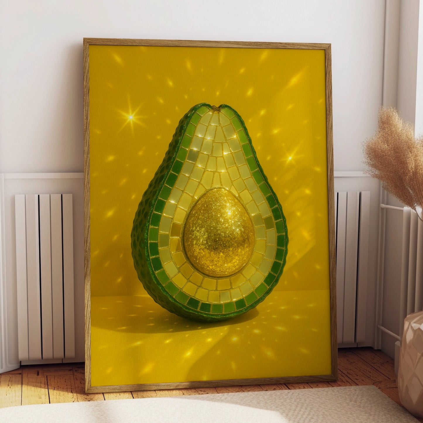 Mosaic disco avocado with a gold stone on a bright yellow background
