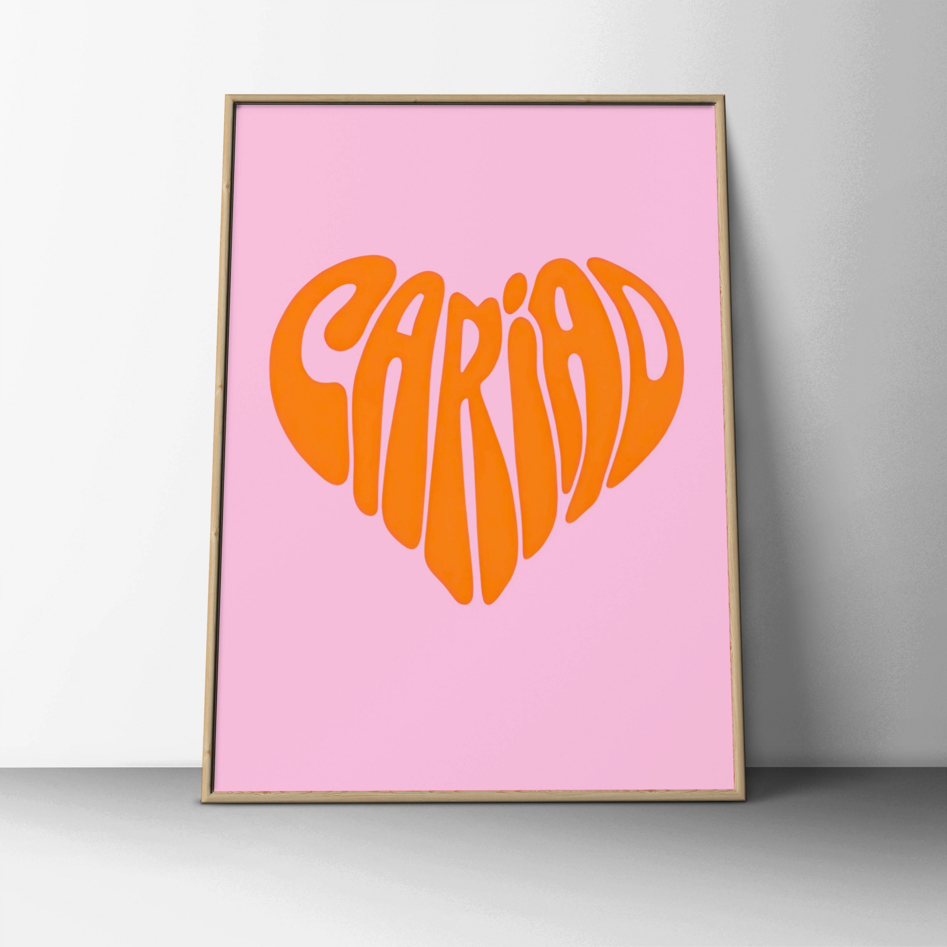 Cariad Welsh Love Heart Poster, Wales Wall Art, Pink Orange Retro Typography Print