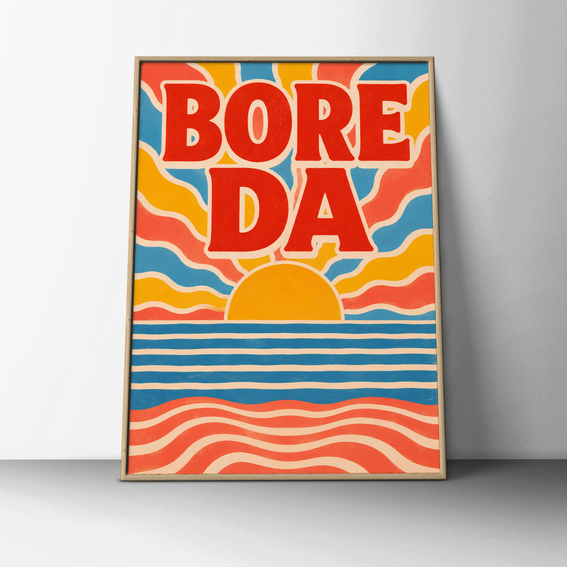 Bore Da Welsh Good Morning Poster, Wales Retro Sunrise Wall Art, Bright Colourful Print