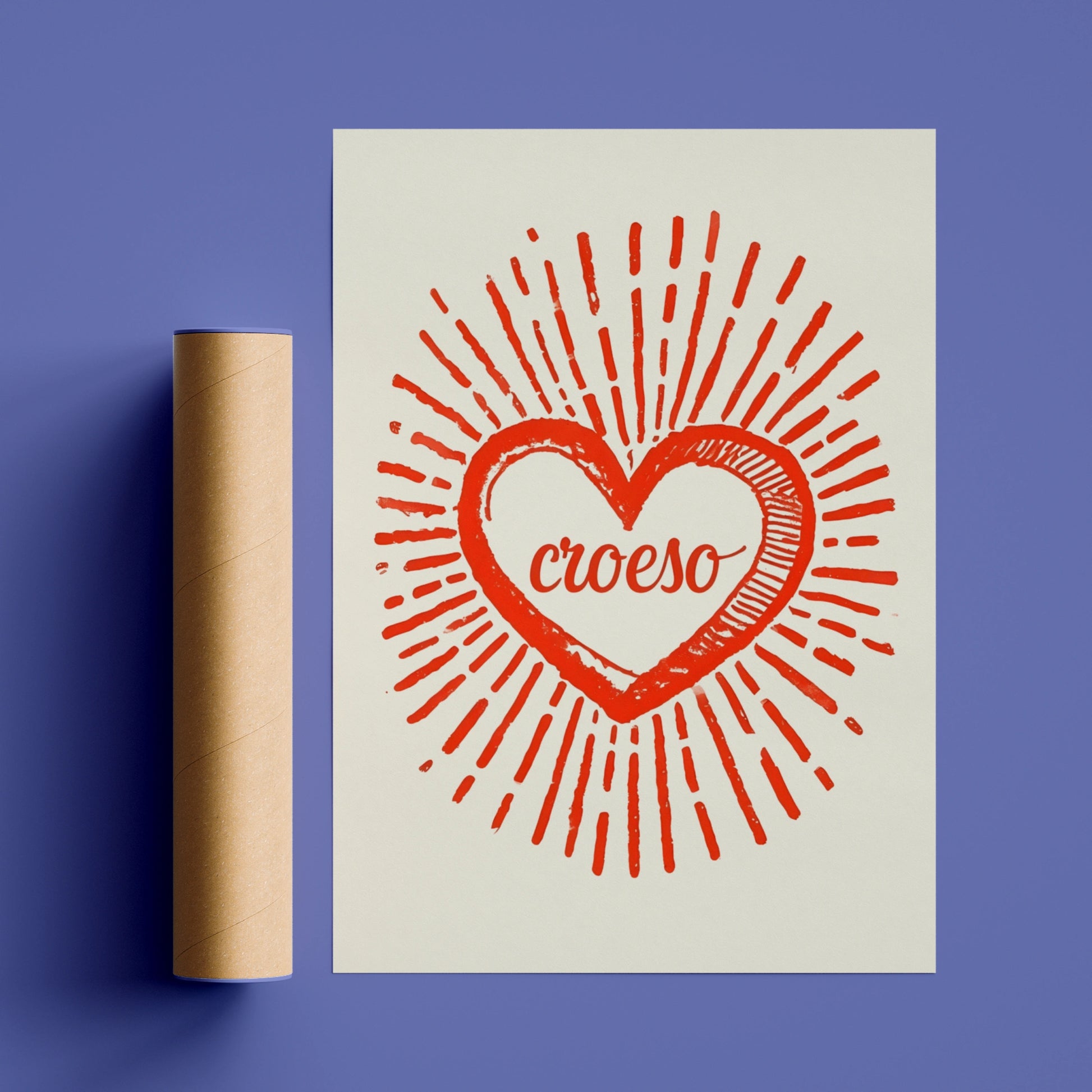 Croeso Welsh Welcome Heart Poster, Wales Wall Art, Red Retro Sun Ray Print
