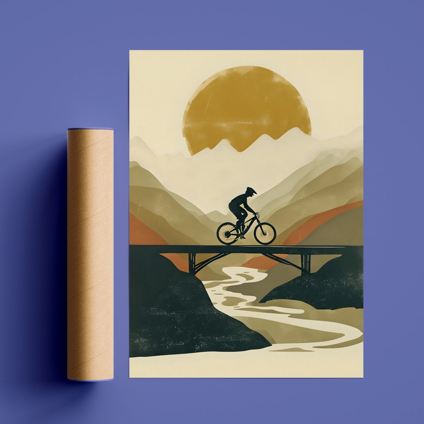 Mountain Bike Poster, MTB Wall Art, Cycling Print, Retro Sun Bridge Landscape Gift