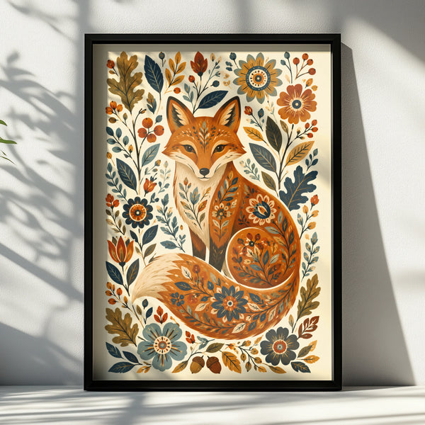 Folk Fox Poster, Floral Fox Wall Art Print, Botanical Wildlife Nursery Decor, Wilderkind