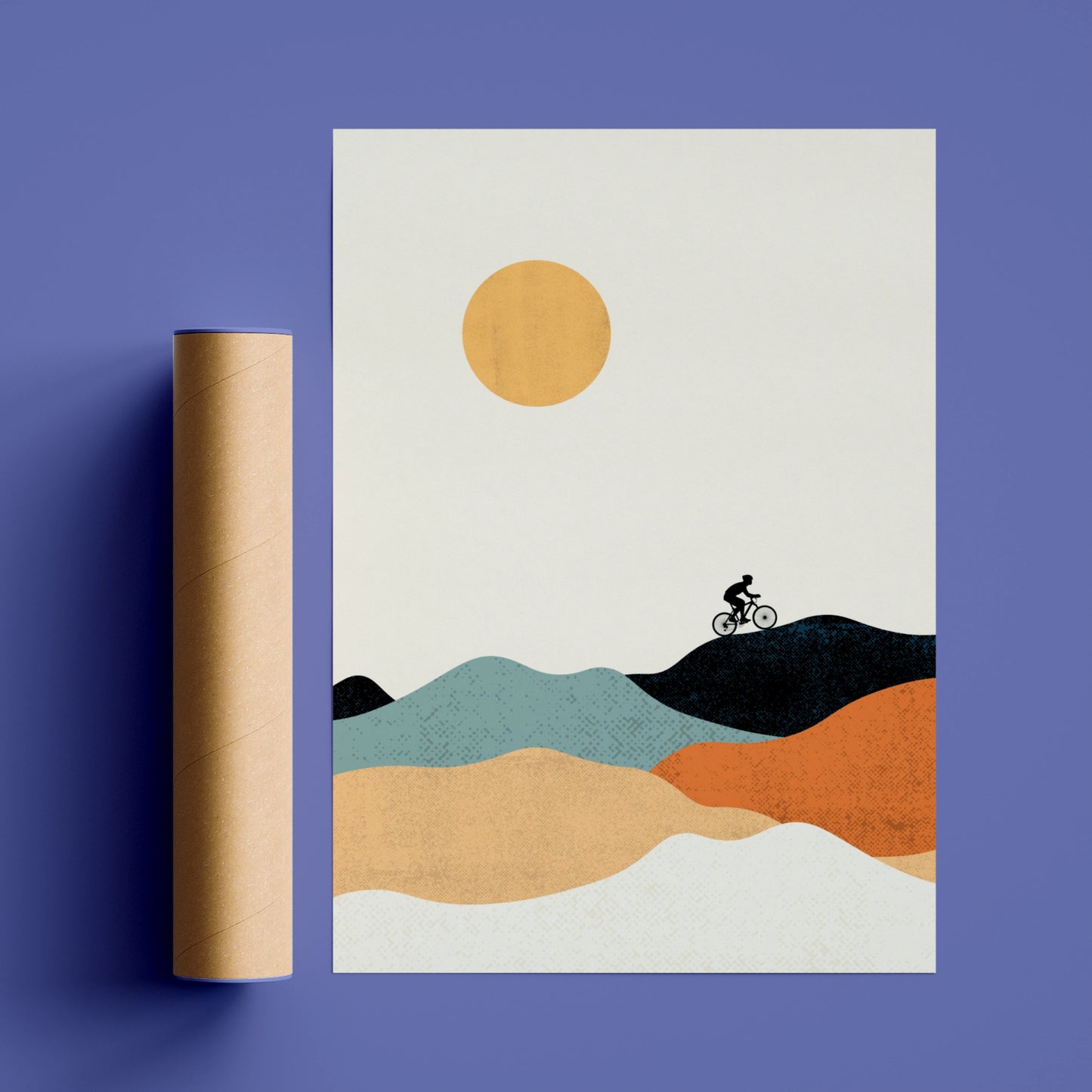 Mountain Bike Poster, Minimalist Cycling Art Print, Retro Hills Wall Art, Gift for Cyclist