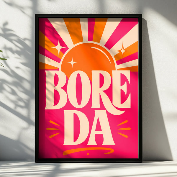 Bore Da Welsh Good Morning Poster, Wales Wall Art, Retro Sun Print, Bold Pink