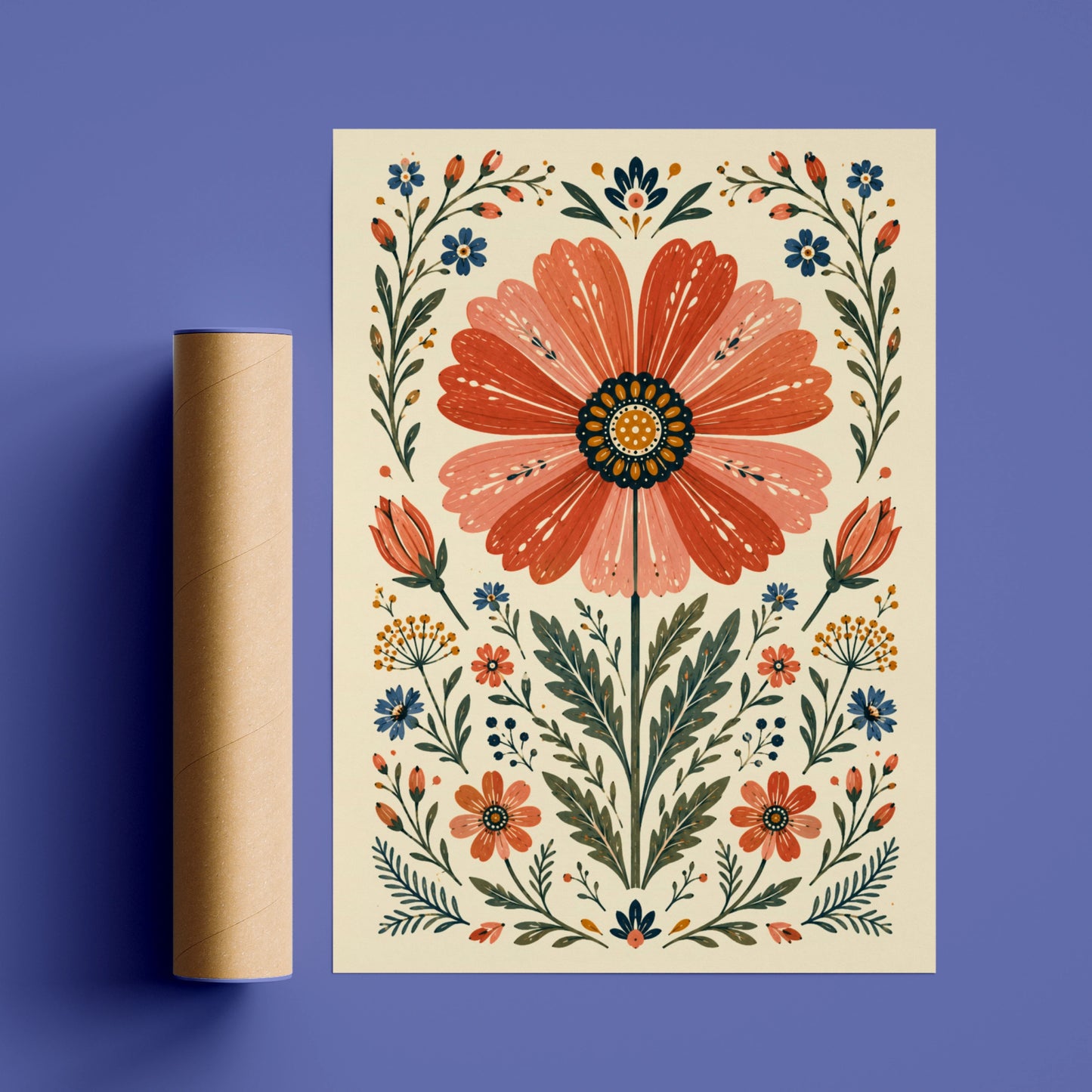 Folk Floral Cosmos Poster, Botanical Wall Art, Scandi Folk Print, Terracotta Blue