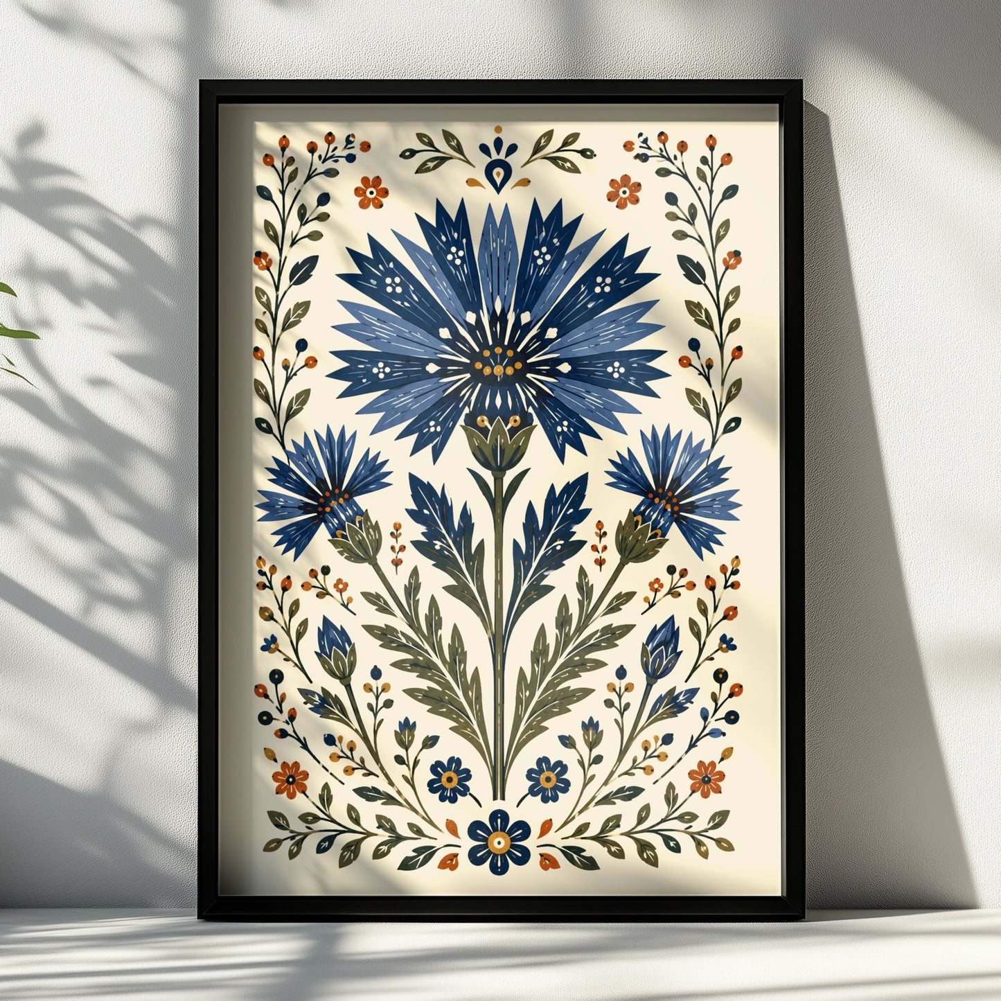 Folk Cornflower Poster, Blue Floral Wall Art, Botanical Folk Art Print, Wildflower Home Decor