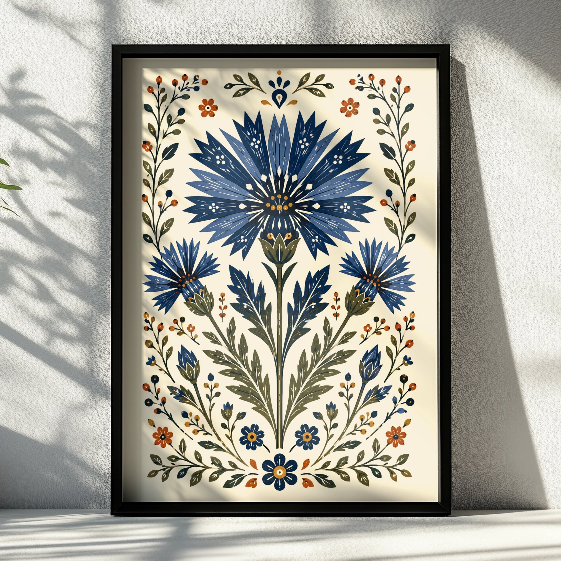 Folk Cornflower Poster, Blue Floral Wall Art, Botanical Folk Art Print, Wildflower Home Decor
