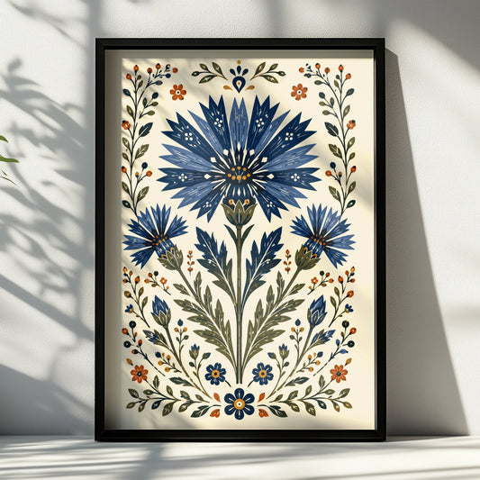 Folk Cornflower Poster, Blue Floral Wall Art, Botanical Folk Art Print, Wildflower Home Decor