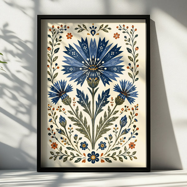 Folk Cornflower Poster, Blue Floral Wall Art, Botanical Folk Art Print, Wildflower Home Decor