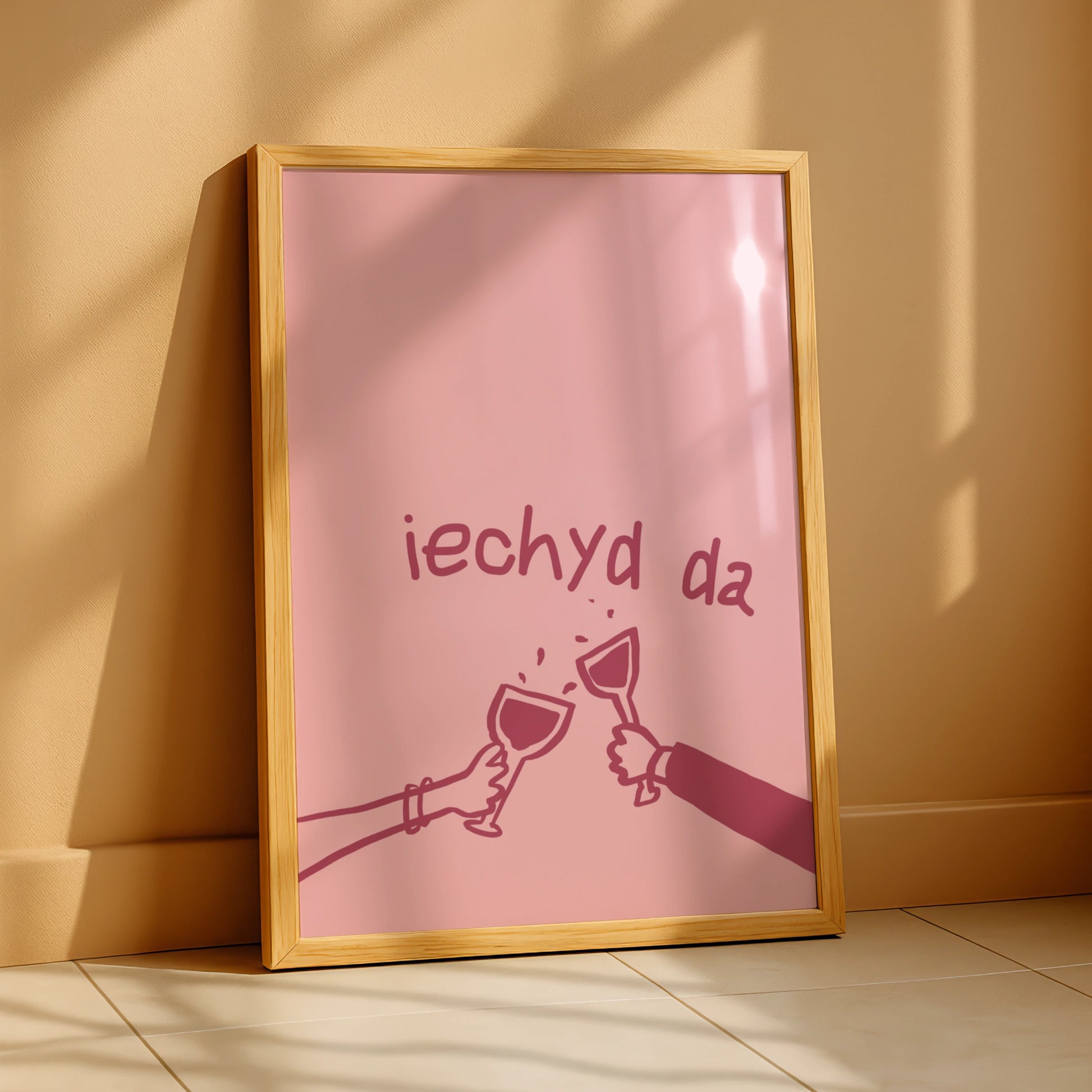Iechyd Da Welsh Toast Poster, Wales Wine Print, Pink Wall Art, Cheers Gift