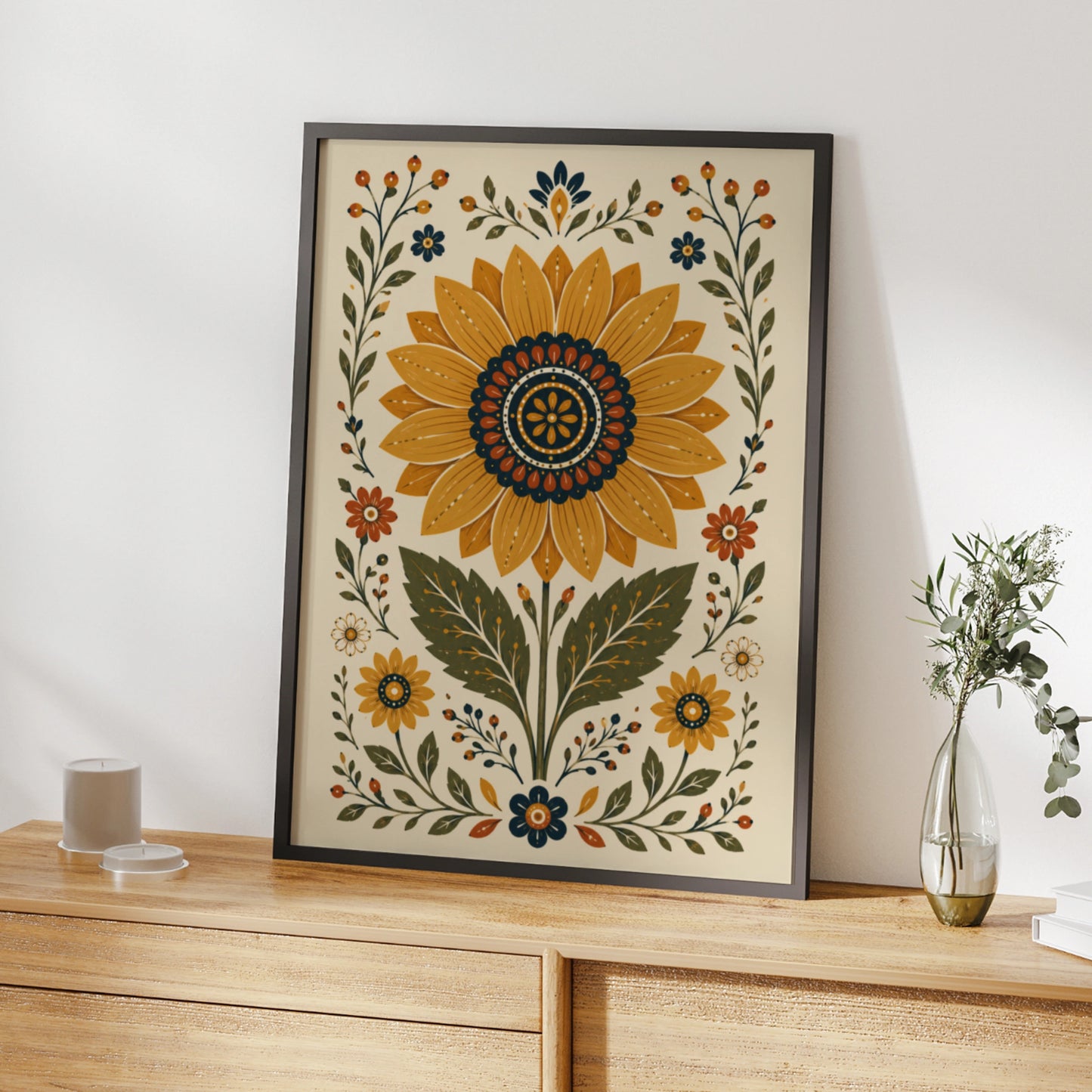 Folk Sunflower Poster, Botanical Floral Wall Art, Mustard Navy Vintage Print, Wilderkind