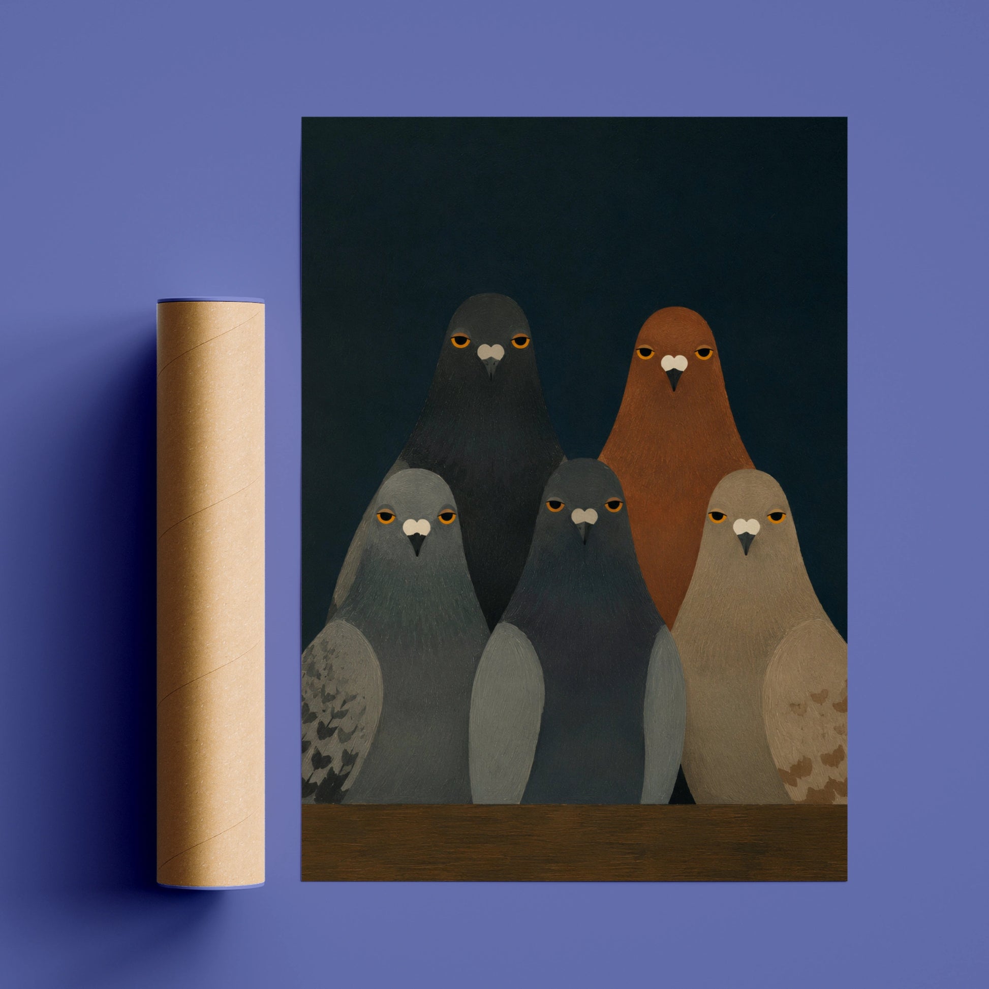 Pigeon Stare Poster, Moody Bird Wall Art, Dark Teal Flock Print, Quirky Animal Decor