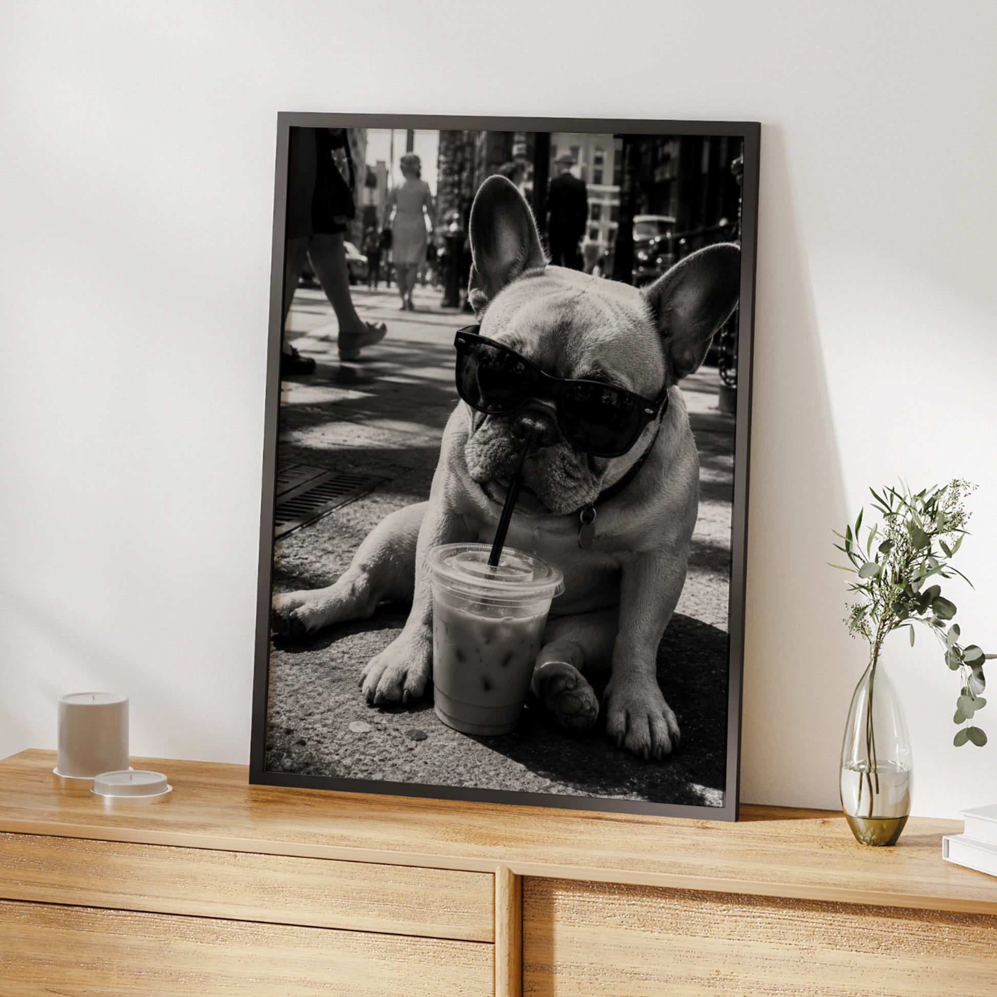 French Bulldog Coffee Poster, Frenchie Wall Art, Black White Dog Print, Funny Dog Lover Gift