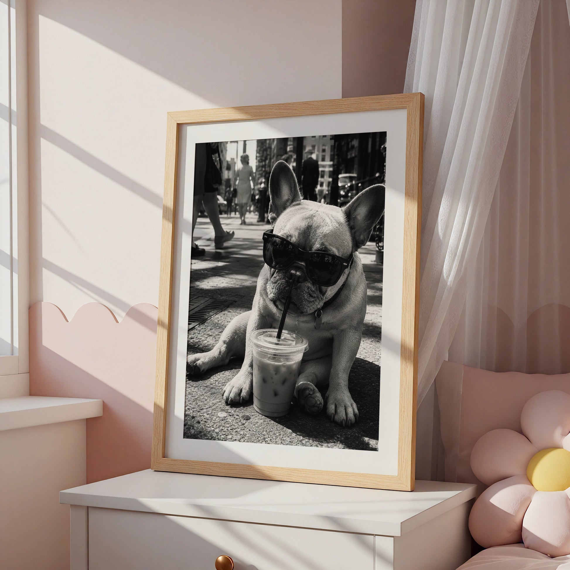 French Bulldog Coffee Poster, Frenchie Wall Art, Black White Dog Print, Funny Dog Lover Gift