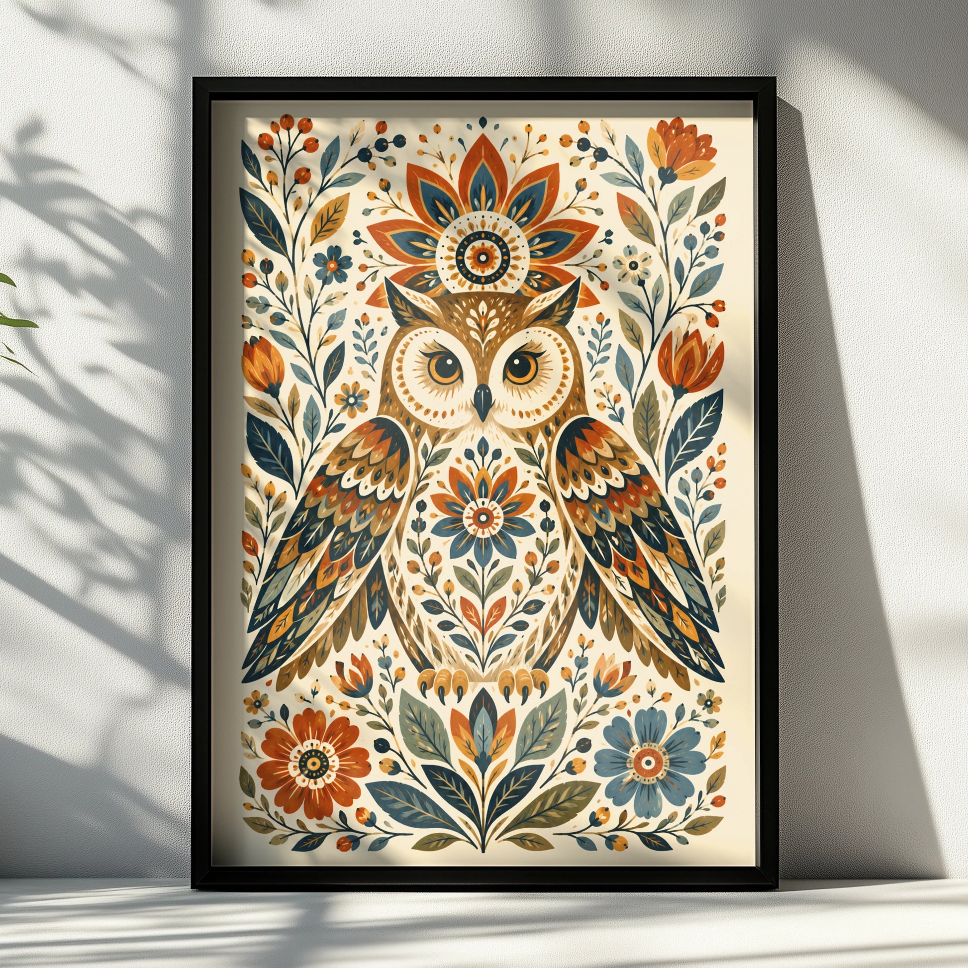 Folk Art Owl Poster, Floral Bird Wall Art, Botanical Nature Print, Boho Home Decor