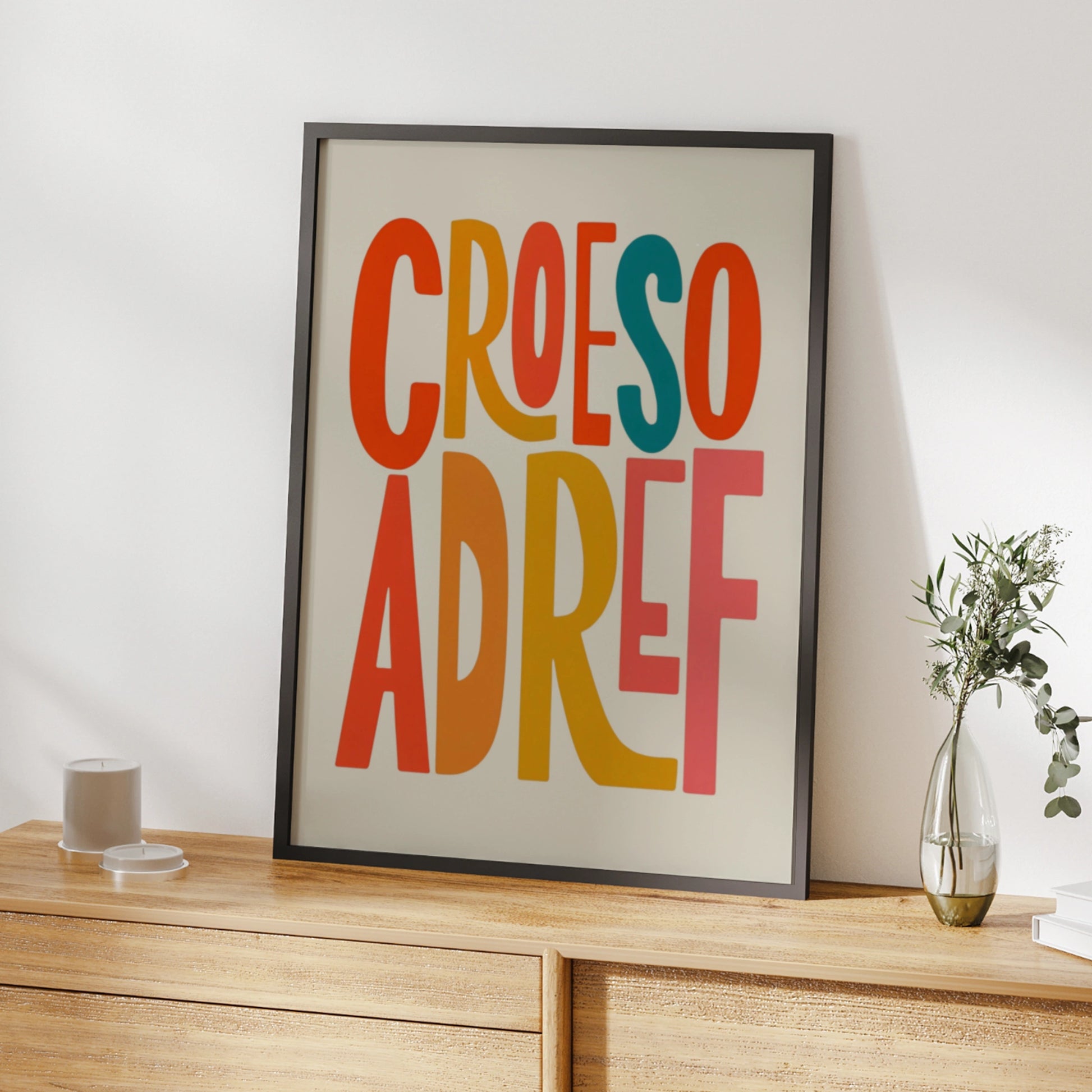 Croeso Adref Welsh Welcome Home Poster, Wales Wall Art, Colourful Typography Print